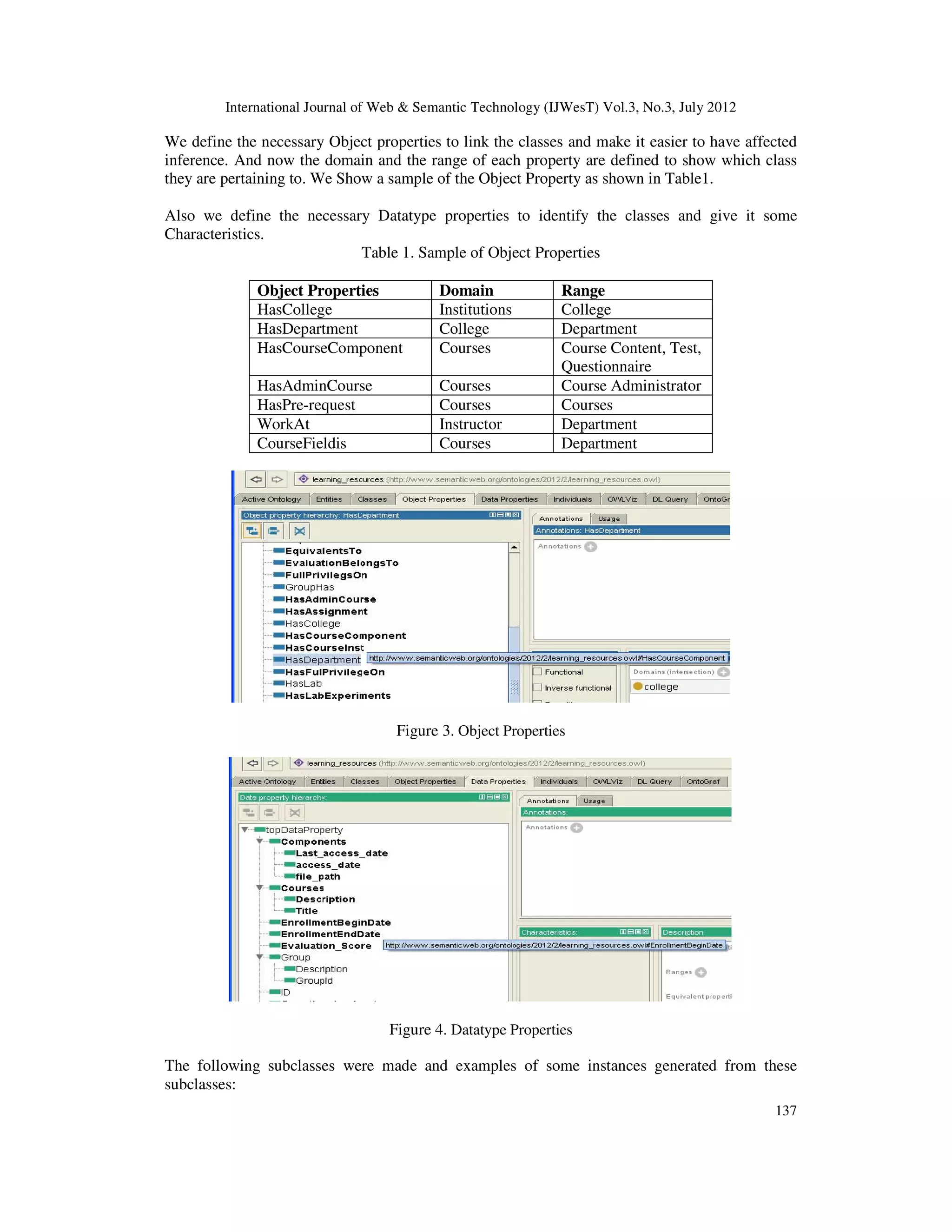 International Journal of Web & Semantic Technology (IJWesT) Vol.3, No.3, July 2012
137
We define the necessary Object properties to link the classes and make it easier to have affected
inference. And now the domain and the range of each property are defined to show which class
they are pertaining to. We Show a sample of the Object Property as shown in Table1.
Also we define the necessary Datatype properties to identify the classes and give it some
Characteristics.
Table 1. Sample of Object Properties
Object Properties Domain Range
HasCollege Institutions College
HasDepartment College Department
HasCourseComponent Courses Course Content, Test,
Questionnaire
HasAdminCourse Courses Course Administrator
HasPre-request Courses Courses
WorkAt Instructor Department
CourseFieldis Courses Department
Figure 3. Object Properties
Figure 4. Datatype Properties
The following subclasses were made and examples of some instances generated from these
subclasses:
 