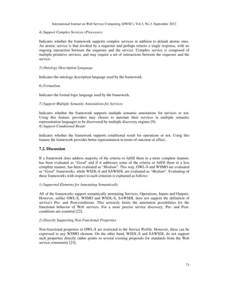 International Journal on Web Service Computing (IJWSC), Vol.3, No.3, September 2012
73
4) Support Complex Services (Processes)
Indicates whether the framework supports complex services in addition to default atomic ones.
An atomic service is that invoked by a requester and perhaps returns a single response, with no
ongoing interaction between the requester and the service. Complex service is composed of
multiple primitive services, and may require a set of interactions between the requester and the
service.
5) Ontology Description Language
Indicates the ontology description language used by the framework.
6) Formalism
Indicates the formal logic language used by the framework.
7) Support Multiple Semantic Annotations for Services
Indicates whether the framework supports multiple semantic annotations for services or not.
Using this feature, providers may choose to annotate their services in multiple semantic
representation languages to be discovered by multiple discovery engines [9].
8) Support Conditional Result
Indicates whether the framework supports conditional result for operations or not. Using this
feature the framework provides better representation in terms of outcome or effect.
7.2. Discussion
If a framework does address majority of the criteria or fulfill them in a more complete manner,
has been evaluated as “Good” and if it addresses some of the criteria or fulfill them in a less
complete manner, has been evaluated as “Medium”. This way, OWL-S and WSMO are evaluated
as “Good” frameworks, while WSDL-S and SAWSDL are evaluated as “Medium”. Evaluating of
these frameworks with respect to each criterion is explained as follows:
1) Supported Elements for Annotating Semantically
All of the frameworks support semantically annotating Services, Operations, Inputs and Outputs.
However, unlike OWL-S, WSMO and WSDL-S, SAWSDL does not support the definition of
service's Pre- and Post-conditions. This seriously limits the annotation possibilities for the
functional behavior of Web services. For a more precise service discovery, Pre- and Post-
conditions are essential [22].
2) Directly Supporting Non-Functional Properties
Non-functional properties in OWL-S are restricted to the Service Profile. However, these can be
expressed in any WSMO element. On the other hand, WSDL-S and SAWSDL do not support
such properties directly rather points to several existing proposals for standards from the Web
service community [23].
 