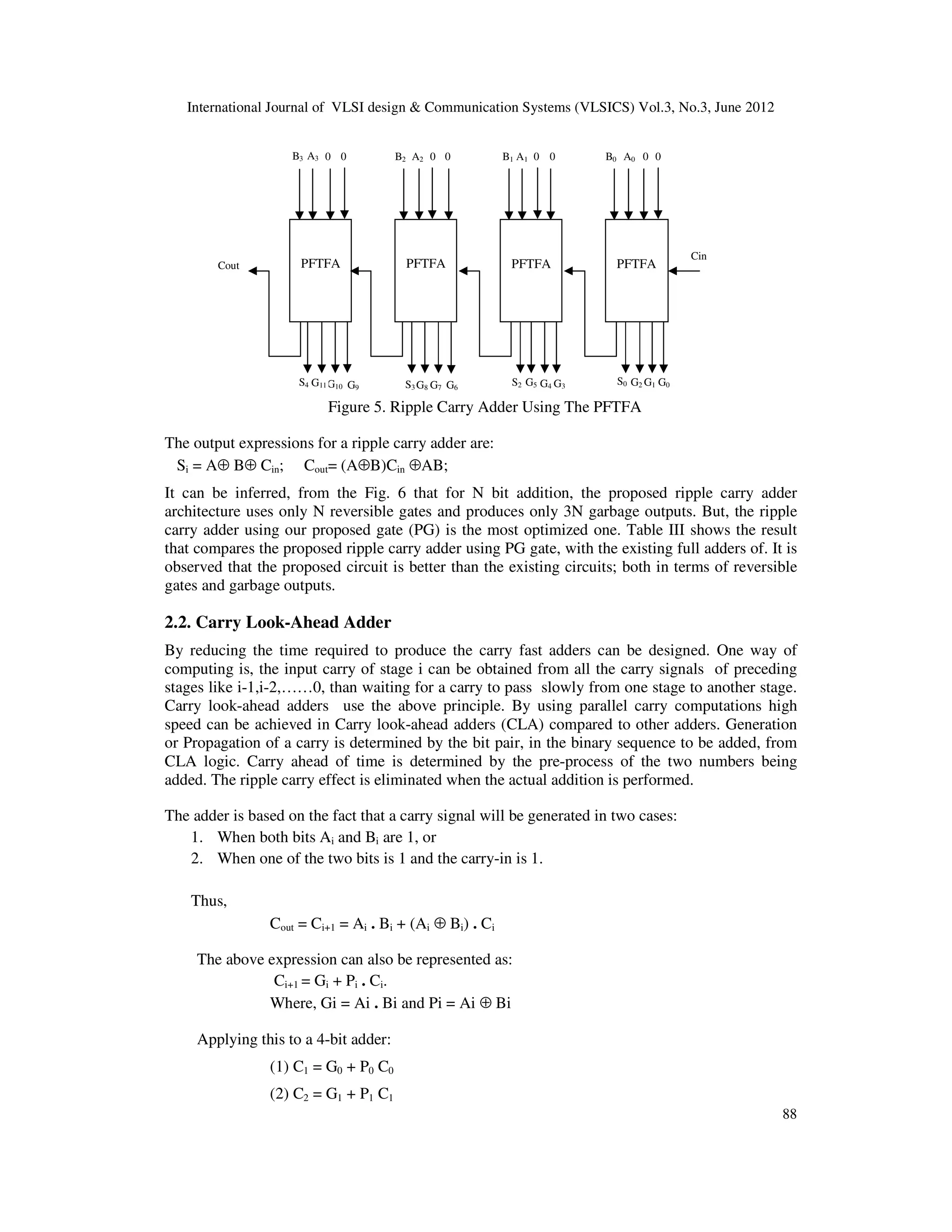 International Journal of VLSI design & Communication Systems (VLSICS) Vol.3, No.3, June 2012 88 Figure 5. Ripple Carry Adder Using The PFTFA The output expressions for a ripple carry adder are: Si = A⊕ B⊕ Cin; Cout= (A⊕B)Cin ⊕AB; It can be inferred, from the Fig. 6 that for N bit addition, the proposed ripple carry adder architecture uses only N reversible gates and produces only 3N garbage outputs. But, the ripple carry adder using our proposed gate (PG) is the most optimized one. Table III shows the result that compares the proposed ripple carry adder using PG gate, with the existing full adders of. It is observed that the proposed circuit is better than the existing circuits; both in terms of reversible gates and garbage outputs. 2.2. Carry Look-Ahead Adder By reducing the time required to produce the carry fast adders can be designed. One way of computing is, the input carry of stage i can be obtained from all the carry signals of preceding stages like i-1,i-2,……0, than waiting for a carry to pass slowly from one stage to another stage. Carry look-ahead adders use the above principle. By using parallel carry computations high speed can be achieved in Carry look-ahead adders (CLA) compared to other adders. Generation or Propagation of a carry is determined by the bit pair, in the binary sequence to be added, from CLA logic. Carry ahead of time is determined by the pre-process of the two numbers being added. The ripple carry effect is eliminated when the actual addition is performed. The adder is based on the fact that a carry signal will be generated in two cases: 1. When both bits Ai and Bi are 1, or 2. When one of the two bits is 1 and the carry-in is 1. Thus, Cout = Ci+1 = Ai . Bi + (Ai ⊕ Bi) . Ci The above expression can also be represented as: Ci+1 = Gi + Pi . Ci. Where, Gi = Ai . Bi and Pi = Ai ⊕ Bi Applying this to a 4-bit adder: (1) C1 = G0 + P0 C0 (2) C2 = G1 + P1 C1 PFTFA PFTFA PFTFA PFTFA Cin Cout B3 A3 0 0 000000B2 A2 B1 A1 A0B0 S0 G2 G1 G0S2 G5 G4 G3S3 S4 G6G7G8G9G10G11 