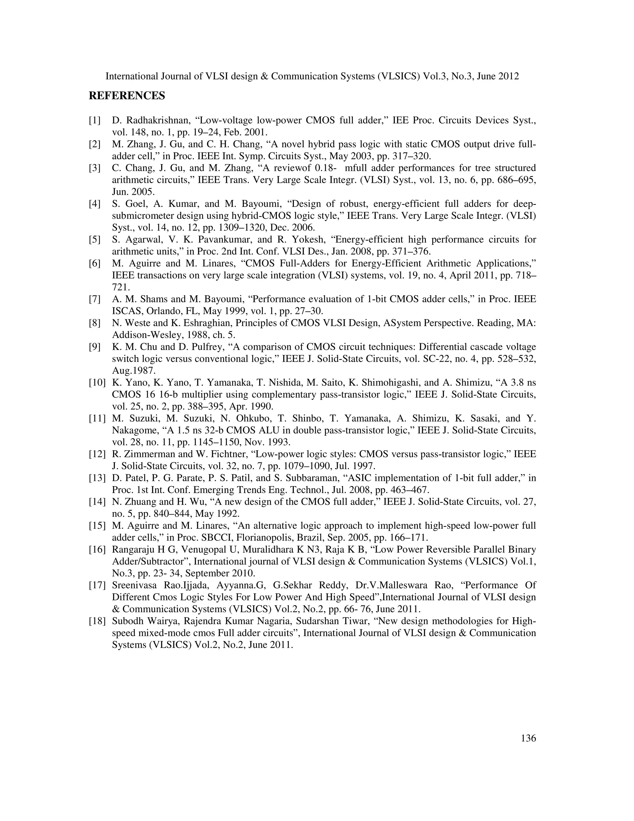 International Journal of VLSI design & Communication Systems (VLSICS) Vol.3, No.3, June 2012
136
REFERENCES
[1] D. Radhakrishnan, “Low-voltage low-power CMOS full adder,” IEE Proc. Circuits Devices Syst.,
vol. 148, no. 1, pp. 19–24, Feb. 2001.
[2] M. Zhang, J. Gu, and C. H. Chang, “A novel hybrid pass logic with static CMOS output drive full-
adder cell,” in Proc. IEEE Int. Symp. Circuits Syst., May 2003, pp. 317–320.
[3] C. Chang, J. Gu, and M. Zhang, “A reviewof 0.18- mfull adder performances for tree structured
arithmetic circuits,” IEEE Trans. Very Large Scale Integr. (VLSI) Syst., vol. 13, no. 6, pp. 686–695,
Jun. 2005.
[4] S. Goel, A. Kumar, and M. Bayoumi, “Design of robust, energy-efficient full adders for deep-
submicrometer design using hybrid-CMOS logic style,” IEEE Trans. Very Large Scale Integr. (VLSI)
Syst., vol. 14, no. 12, pp. 1309–1320, Dec. 2006.
[5] S. Agarwal, V. K. Pavankumar, and R. Yokesh, “Energy-efficient high performance circuits for
arithmetic units,” in Proc. 2nd Int. Conf. VLSI Des., Jan. 2008, pp. 371–376.
[6] M. Aguirre and M. Linares, “CMOS Full-Adders for Energy-Efficient Arithmetic Applications,”
IEEE transactions on very large scale integration (VLSI) systems, vol. 19, no. 4, April 2011, pp. 718–
721.
[7] A. M. Shams and M. Bayoumi, “Performance evaluation of 1-bit CMOS adder cells,” in Proc. IEEE
ISCAS, Orlando, FL, May 1999, vol. 1, pp. 27–30.
[8] N. Weste and K. Eshraghian, Principles of CMOS VLSI Design, ASystem Perspective. Reading, MA:
Addison-Wesley, 1988, ch. 5.
[9] K. M. Chu and D. Pulfrey, “A comparison of CMOS circuit techniques: Differential cascade voltage
switch logic versus conventional logic,” IEEE J. Solid-State Circuits, vol. SC-22, no. 4, pp. 528–532,
Aug.1987.
[10] K. Yano, K. Yano, T. Yamanaka, T. Nishida, M. Saito, K. Shimohigashi, and A. Shimizu, “A 3.8 ns
CMOS 16 16-b multiplier using complementary pass-transistor logic,” IEEE J. Solid-State Circuits,
vol. 25, no. 2, pp. 388–395, Apr. 1990.
[11] M. Suzuki, M. Suzuki, N. Ohkubo, T. Shinbo, T. Yamanaka, A. Shimizu, K. Sasaki, and Y.
Nakagome, “A 1.5 ns 32-b CMOS ALU in double pass-transistor logic,” IEEE J. Solid-State Circuits,
vol. 28, no. 11, pp. 1145–1150, Nov. 1993.
[12] R. Zimmerman and W. Fichtner, “Low-power logic styles: CMOS versus pass-transistor logic,” IEEE
J. Solid-State Circuits, vol. 32, no. 7, pp. 1079–1090, Jul. 1997.
[13] D. Patel, P. G. Parate, P. S. Patil, and S. Subbaraman, “ASIC implementation of 1-bit full adder,” in
Proc. 1st Int. Conf. Emerging Trends Eng. Technol., Jul. 2008, pp. 463–467.
[14] N. Zhuang and H. Wu, “A new design of the CMOS full adder,” IEEE J. Solid-State Circuits, vol. 27,
no. 5, pp. 840–844, May 1992.
[15] M. Aguirre and M. Linares, “An alternative logic approach to implement high-speed low-power full
adder cells,” in Proc. SBCCI, Florianopolis, Brazil, Sep. 2005, pp. 166–171.
[16] Rangaraju H G, Venugopal U, Muralidhara K N3, Raja K B, “Low Power Reversible Parallel Binary
Adder/Subtractor”, International journal of VLSI design & Communication Systems (VLSICS) Vol.1,
No.3, pp. 23- 34, September 2010.
[17] Sreenivasa Rao.Ijjada, Ayyanna.G, G.Sekhar Reddy, Dr.V.Malleswara Rao, “Performance Of
Different Cmos Logic Styles For Low Power And High Speed”,International Journal of VLSI design
& Communication Systems (VLSICS) Vol.2, No.2, pp. 66- 76, June 2011.
[18] Subodh Wairya, Rajendra Kumar Nagaria, Sudarshan Tiwar, “New design methodologies for High-
speed mixed-mode cmos Full adder circuits”, International Journal of VLSI design & Communication
Systems (VLSICS) Vol.2, No.2, June 2011.
 