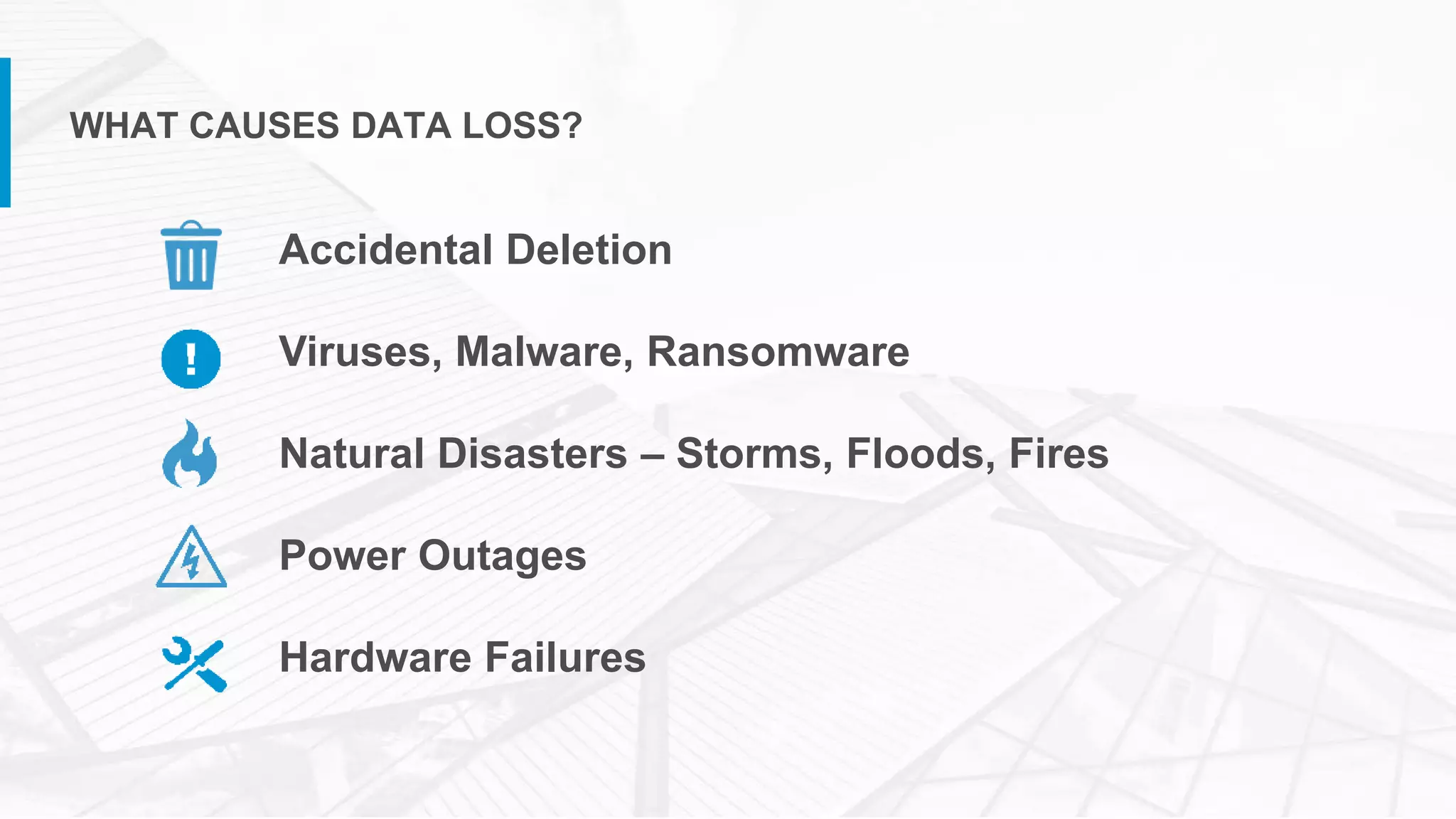 Accidental Deletion
Viruses, Malware, Ransomware
Natural Disasters – Storms, Floods, Fires
Power Outages
Hardware Failures
WHAT CAUSES DATA LOSS?
 