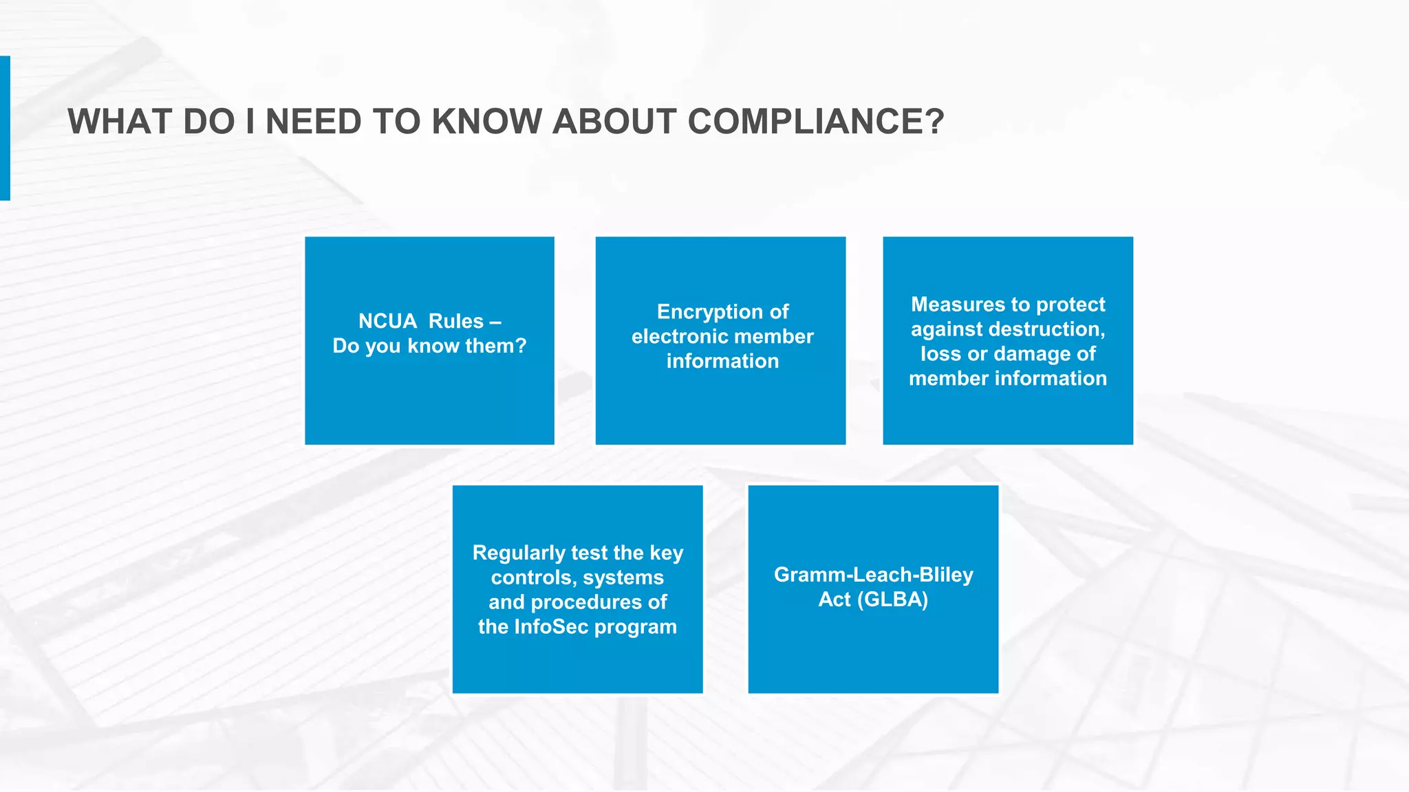 WHAT DO I NEED TO KNOW ABOUT COMPLIANCE?
NCUA Rules –
Do you know them?
Encryption of
electronic member
information
Measures to protect
against destruction,
loss or damage of
member information
Regularly test the key
controls, systems
and procedures of
the InfoSec program
Gramm-Leach-Bliley
Act (GLBA)
 