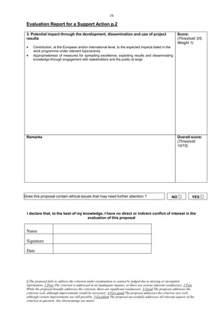 10

 Evaluation Report for a Support Action p.2

 3. Potential impact through the development, dissemination and use of project                                   Score:
 results                                                                                                         (Threshold 3/5;
                                                                                                                 Weight 1)
     Contribution, at the European and/or international level, to the expected impacts listed in the
      work programme under relevant topic/activity
     Appropriateness of measures for spreading excellence, exploiting results and disseminating
      knowledge through engagement with stakeholders and the public at large




 Remarks                                                                                                         Overall score:
                                                                                                                 (Threshold
                                                                                                                 10/15)




Does this proposal contain ethical issues that may need further attention ?                                  NO            YES 



 I declare that, to the best of my knowledge, I have no direct or indirect conflict of interest in the
                                     evaluation of this proposal


 Name

 Signature

 Date




 0 The proposal fails to address the criterion under examination or cannot be judged due to missing or incomplete
 information; 1 Poor The criterion is addressed in an inadequate manner, or there are serious inherent weaknesses; 2 Fair
 While the proposal broadly addresses the criterion, there are significant weaknesses; 3 Good The proposal addresses the
 criterion well, although improvements would be necessary; 4 Very good The proposal addresses the criterion very well,
 although certain improvements are still possible; 5 Excellent The proposal successfully addresses all relevant aspects of the
 criterion in question. Any shortcomings are minor.
 