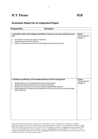 3




ICT Theme                                                                                                     IER

Evaluation Report for an Integrated Project

Proposal No. :                                         Acronym :

1. Scientific and/or technological excellence (relevant to the topics addressed by the                          Score:
call)                                                                                                           (Threshold 3/5;
                                                                                                                Weight 1)
    Soundness of concept, and quality of objectives
    Progress beyond the state-of-the-art
    Quality and effectiveness of the S/T methodology and associated work plan




2. Quality and efficiency of the implementation and the management                                              Score:
                                                                                                                (Threshold 3/5;
    Appropriateness of the management structure and procedures                                                 Weight 1)
    Quality and relevant experience of the individual participants
    Quality of the consortium as a whole (including complementarity, balance)
    Appropriateness of the allocation and justification of the resources to be committed (budget,
     staff, equipment)




0 The proposal fails to address the criterion under examination or cannot be judged due to missing or incomplete
information; 1 Poor The criterion is addressed in an inadequate manner, or there are serious inherent weaknesses; 2 Fair
While the proposal broadly addresses the criterion, there are significant weaknesses; 3 Good The proposal addresses the
criterion well, although improvements would be necessary; 4 Very good The proposal addresses the criterion very well,
although certain improvements are still possible; 5 Excellent The proposal successfully addresses all relevant aspects of the
criterion in question. Any shortcomings are minor.
 