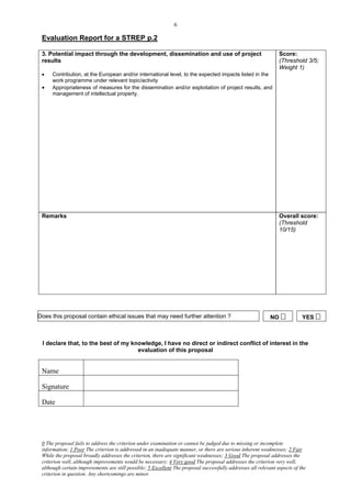 6

 Evaluation Report for a STREP p.2

 3. Potential impact through the development, dissemination and use of project                                   Score:
 results                                                                                                         (Threshold 3/5;
                                                                                                                 Weight 1)
     Contribution, at the European and/or international level, to the expected impacts listed in the
      work programme under relevant topic/activity
     Appropriateness of measures for the dissemination and/or exploitation of project results, and
      management of intellectual property.




 Remarks                                                                                                         Overall score:
                                                                                                                 (Threshold
                                                                                                                 10/15)




Does this proposal contain ethical issues that may need further attention ?                                  NO            YES 



 I declare that, to the best of my knowledge, I have no direct or indirect conflict of interest in the
                                     evaluation of this proposal


 Name

 Signature

 Date




 0 The proposal fails to address the criterion under examination or cannot be judged due to missing or incomplete
 information; 1 Poor The criterion is addressed in an inadequate manner, or there are serious inherent weaknesses; 2 Fair
 While the proposal broadly addresses the criterion, there are significant weaknesses; 3 Good The proposal addresses the
 criterion well, although improvements would be necessary; 4 Very good The proposal addresses the criterion very well,
 although certain improvements are still possible; 5 Excellent The proposal successfully addresses all relevant aspects of the
 criterion in question. Any shortcomings are minor.
 