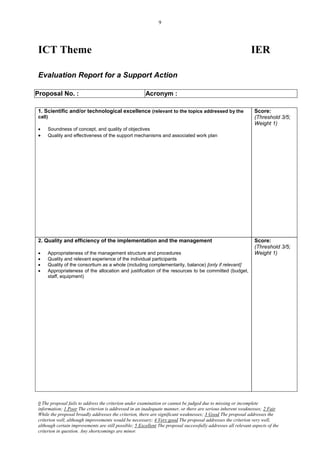 9




ICT Theme                                                                                                     IER

Evaluation Report for a Support Action

Proposal No. :                                         Acronym :

1. Scientific and/or technological excellence (relevant to the topics addressed by the                          Score:
call)                                                                                                           (Threshold 3/5;
                                                                                                                Weight 1)
    Soundness of concept, and quality of objectives
    Quality and effectiveness of the support mechanisms and associated work plan




2. Quality and efficiency of the implementation and the management                                              Score:
                                                                                                                (Threshold 3/5;
    Appropriateness of the management structure and procedures                                                 Weight 1)
    Quality and relevant experience of the individual participants
    Quality of the consortium as a whole (including complementarity, balance) [only if relevant]
    Appropriateness of the allocation and justification of the resources to be committed (budget,
     staff, equipment)




0 The proposal fails to address the criterion under examination or cannot be judged due to missing or incomplete
information; 1 Poor The criterion is addressed in an inadequate manner, or there are serious inherent weaknesses; 2 Fair
While the proposal broadly addresses the criterion, there are significant weaknesses; 3 Good The proposal addresses the
criterion well, although improvements would be necessary; 4 Very good The proposal addresses the criterion very well,
although certain improvements are still possible; 5 Excellent The proposal successfully addresses all relevant aspects of the
criterion in question. Any shortcomings are minor.
 