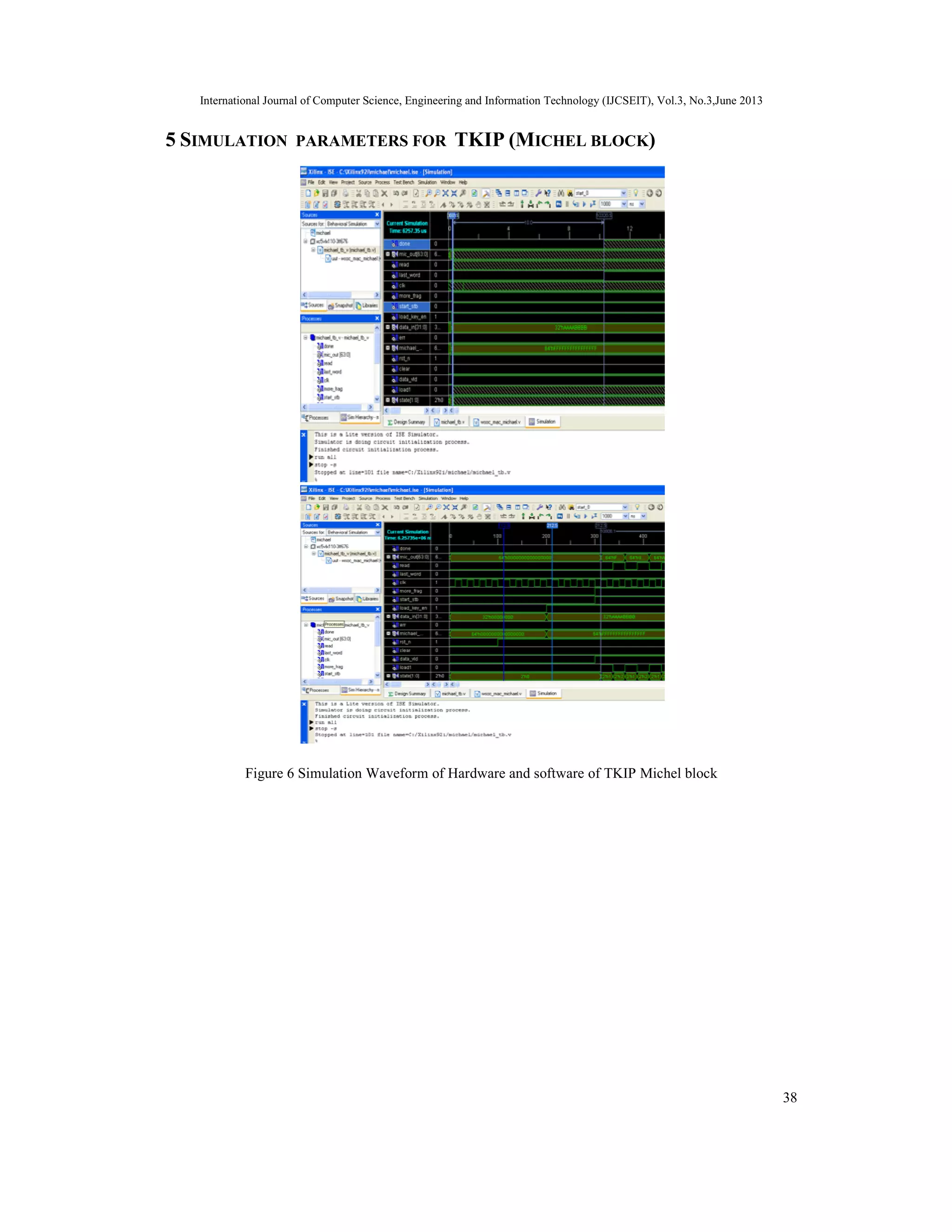 International Journal of Computer Science, Engineering and Information Technology (IJCSEIT), Vol.3, No.3,June 2013 38 5 SIMULATION PARAMETERS FOR TKIP (MICHEL BLOCK) Figure 6 Simulation Waveform of Hardware and software of TKIP Michel block 