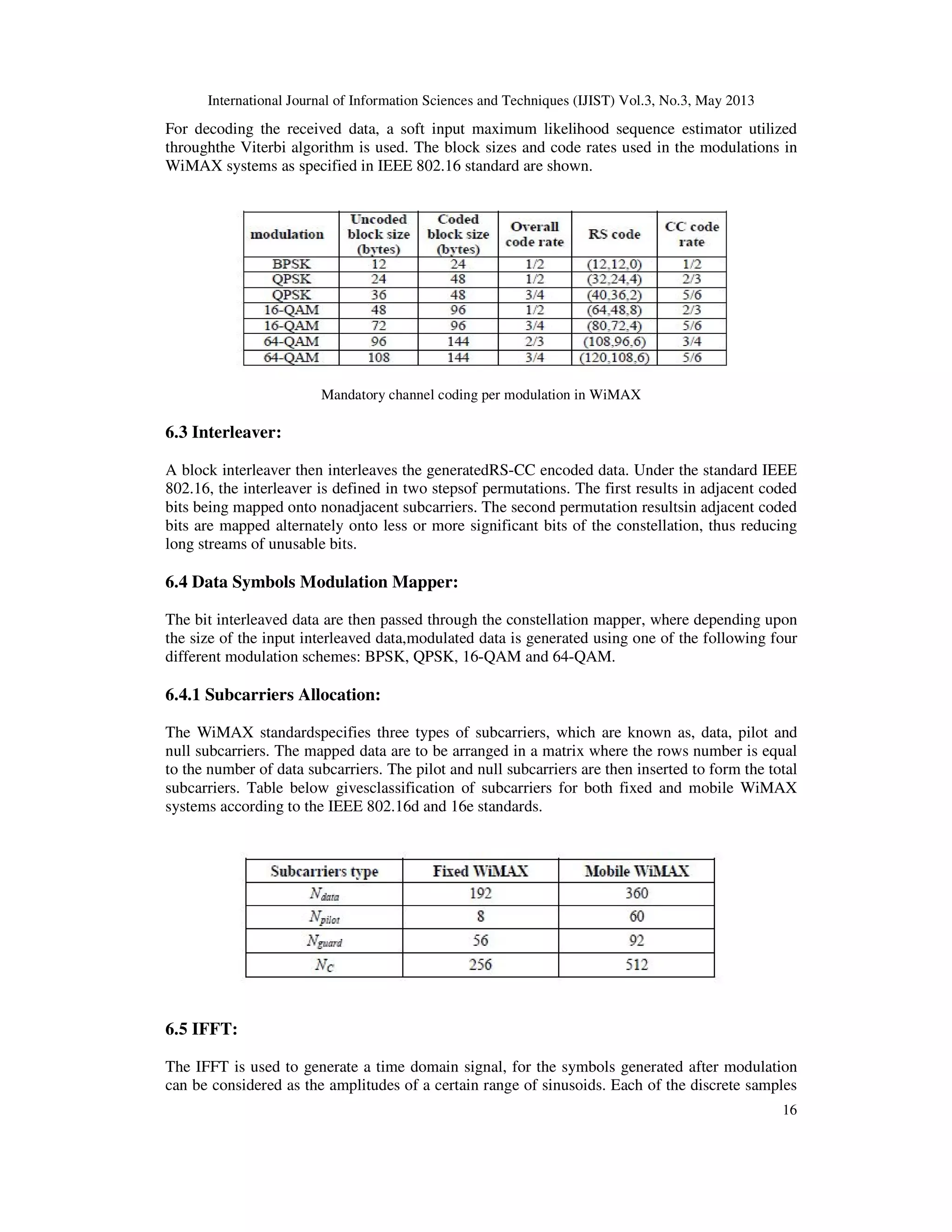 International Journal of Information Sciences and Techniques (IJIST) Vol.3, No.3, May 2013
16
For decoding the received data, a soft input maximum likelihood sequence estimator utilized
throughthe Viterbi algorithm is used. The block sizes and code rates used in the modulations in
WiMAX systems as specified in IEEE 802.16 standard are shown.
Mandatory channel coding per modulation in WiMAX
6.3 Interleaver:
A block interleaver then interleaves the generatedRS-CC encoded data. Under the standard IEEE
802.16, the interleaver is defined in two stepsof permutations. The first results in adjacent coded
bits being mapped onto nonadjacent subcarriers. The second permutation resultsin adjacent coded
bits are mapped alternately onto less or more significant bits of the constellation, thus reducing
long streams of unusable bits.
6.4 Data Symbols Modulation Mapper:
The bit interleaved data are then passed through the constellation mapper, where depending upon
the size of the input interleaved data,modulated data is generated using one of the following four
different modulation schemes: BPSK, QPSK, 16-QAM and 64-QAM.
6.4.1 Subcarriers Allocation:
The WiMAX standardspecifies three types of subcarriers, which are known as, data, pilot and
null subcarriers. The mapped data are to be arranged in a matrix where the rows number is equal
to the number of data subcarriers. The pilot and null subcarriers are then inserted to form the total
subcarriers. Table below givesclassification of subcarriers for both fixed and mobile WiMAX
systems according to the IEEE 802.16d and 16e standards.
6.5 IFFT:
The IFFT is used to generate a time domain signal, for the symbols generated after modulation
can be considered as the amplitudes of a certain range of sinusoids. Each of the discrete samples
 