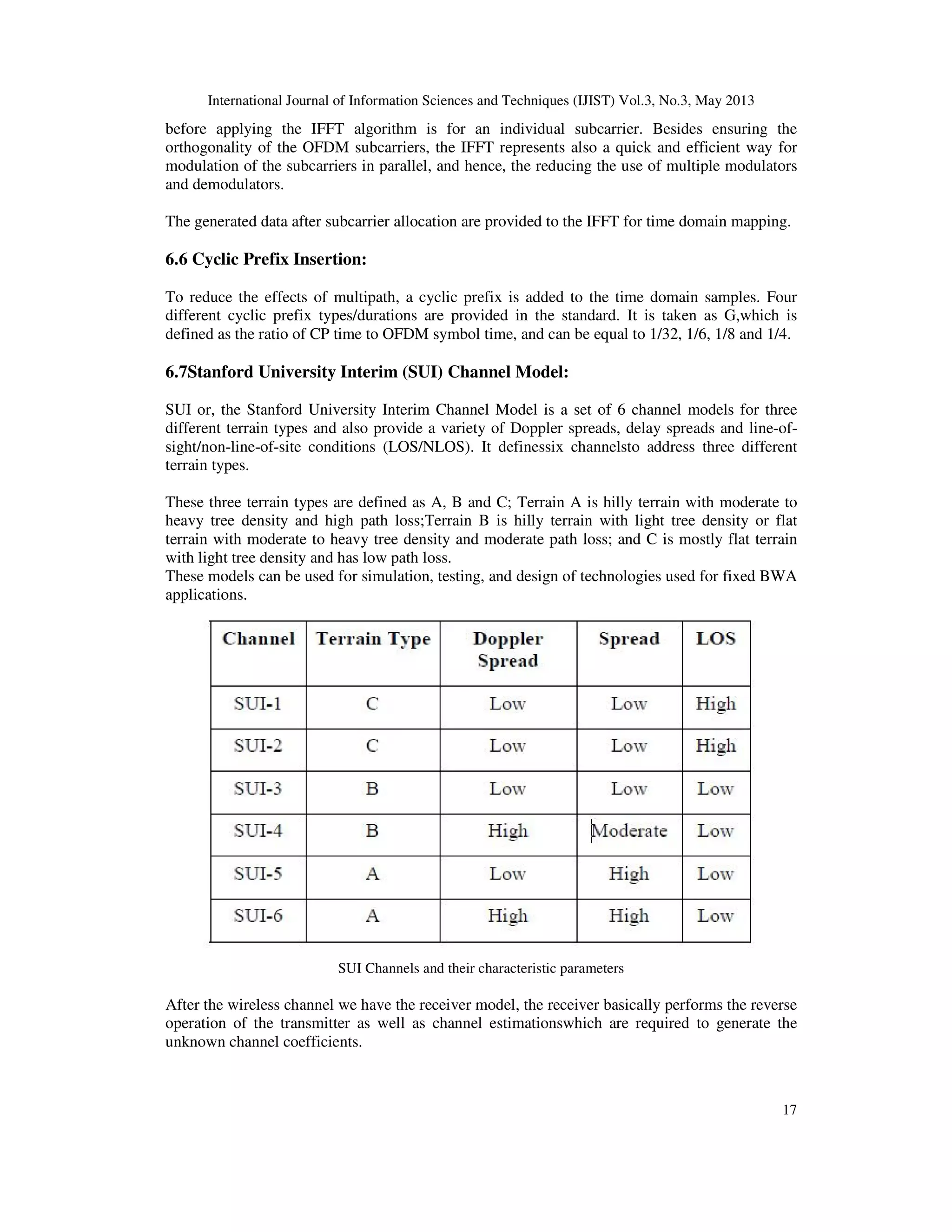 International Journal of Information Sciences and Techniques (IJIST) Vol.3, No.3, May 2013
17
before applying the IFFT algorithm is for an individual subcarrier. Besides ensuring the
orthogonality of the OFDM subcarriers, the IFFT represents also a quick and efficient way for
modulation of the subcarriers in parallel, and hence, the reducing the use of multiple modulators
and demodulators.
The generated data after subcarrier allocation are provided to the IFFT for time domain mapping.
6.6 Cyclic Prefix Insertion:
To reduce the effects of multipath, a cyclic prefix is added to the time domain samples. Four
different cyclic prefix types/durations are provided in the standard. It is taken as G,which is
defined as the ratio of CP time to OFDM symbol time, and can be equal to 1/32, 1/6, 1/8 and 1/4.
6.7Stanford University Interim (SUI) Channel Model:
SUI or, the Stanford University Interim Channel Model is a set of 6 channel models for three
different terrain types and also provide a variety of Doppler spreads, delay spreads and line-of-
sight/non-line-of-site conditions (LOS/NLOS). It definessix channelsto address three different
terrain types.
These three terrain types are defined as A, B and C; Terrain A is hilly terrain with moderate to
heavy tree density and high path loss;Terrain B is hilly terrain with light tree density or flat
terrain with moderate to heavy tree density and moderate path loss; and C is mostly flat terrain
with light tree density and has low path loss.
These models can be used for simulation, testing, and design of technologies used for fixed BWA
applications.
SUI Channels and their characteristic parameters
After the wireless channel we have the receiver model, the receiver basically performs the reverse
operation of the transmitter as well as channel estimationswhich are required to generate the
unknown channel coefficients.
 