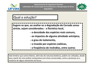 Departamento de Engenharia Florestal 
Laboratório de Conservação de Ecossistemas e Recuperação de Áreas 
Degradadas
Qual a solução?Qual a solução?
Sugere‐se que ao avaliar‐se a degradação do Cerrado sensuSugere‐se que, ao avaliar‐se a degradação do Cerrado sensu
stricto, sejam considerados: ‐ a florística local, 
‐ a densidade das espécies mais comuns,a densidade das espécies mais comuns, 
‐ os impactos de alguma atividade antrópica,
‐ o grau de isolamentoo grau de isolamento,
‐ a invasão por espécies exóticas,
‐ a freqüência de incêndios entre outros‐ a freqüência de incêndios, entre outros
Vale lembrar que outros fatores além dos de natureza botânica podem ser utilizados desdeVale lembrar que outros fatores, além dos de natureza botânica, podem ser utilizados, desde
que a partir de uma análise comparativa com áreas conservadas, como a presença ou a 
ausência de alguns elementos da fauna.
 