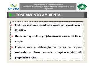 Departamento de Engenharia Florestal 
Laboratório de Conservação de Ecossistemas e Recuperação de Áreas 
Degradadas
B – ZONEAMENTO AMBIENTAL
Pode ser realizado simultaneamente ao levantamentoPode ser realizado simultaneamente ao levantamento
florístico
Necessário quando o projeto envolve escala média ou
lampla
Inicia‐se com a elaboração de mapas ou croquis,Inicia se com a elaboração de mapas ou croquis,
contendo as áreas naturais e agrícolas de cada
propriedade rural
 