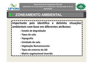 Departamento de Engenharia Florestal 
Laboratório de Conservação de Ecossistemas e Recuperação de Áreas 
Degradadas
B – ZONEAMENTO AMBIENTAL
Importante pois identifica e delimita situações
ambientais com base em diferentes atributos:
‐ Estado de degradação
‐ Tipos de solo
‐ Topografia
‐ Umidade do solo
‐ Vegetação Remanescenteg ç
‐ Tipos de entorno da AD
‐ Matriz vegetacional inseridag
 