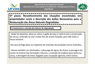Departamento de Engenharia Florestal 
Laboratório de Conservação de Ecossistemas e Recuperação de Áreas 
Degradadas
5º passo: Reconhecimento das situações encontradas em
i d d i d i ã d A õ N á ipropriedades rurais e descrição das Ações Necessárias para a
Restauração das Áreas Naturais Degradadas
1) Isolamento e retirada dos fatores de degradação
O d há b h d ti d d á i lá l t ã‐ Onde há rebanhos, deve‐se retirar o gado da área e isolá‐la com a construção 
de cercas, evitando‐se usar muitos fios de arame farpado, para não isolar a 
fauna silvestre.
‐No caso do fogo deve‐se implantar de cinturões de proteção contra incêndios,
‐ Devem também ser eliminados: a descarga de águas da chuva, a passagem de 
canais no interior das formações naturais, a retirada de madeira para lenha ou 
cerca, a drenagem de áreas alagadas para ocupação agrícola, entre outroscerca, a drenagem de áreas alagadas para ocupação agrícola, entre outros
 