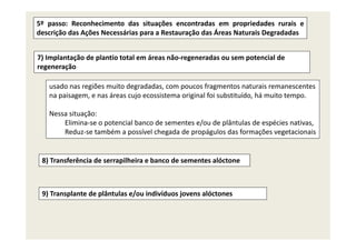 5º passo: Reconhecimento das situações encontradas em propriedades rurais e
descrição das Ações Necessárias para a Restauração das Áreas Naturais Degradadas
7) Implantação de plantio total em áreas não‐regeneradas ou sem potencial de
regeneraçãoregeneração
usado nas regiões muito degradadas, com poucos fragmentos naturais remanescentes 
na paisagem, e nas áreas cujo ecossistema original foi substituído, há muito tempo.na paisagem, e nas áreas cujo ecossistema original foi substituído, há muito tempo.
Nessa situação:
Elimina‐se o potencial banco de sementes e/ou de plântulas de espécies nativas, p / p p ,
Reduz‐se também a possível chegada de propágulos das formações vegetacionais
8) Transferência de serrapilheira e banco de sementes alóctone
9) Transplante de plântulas e/ou indivíduos jovens alóctones
 