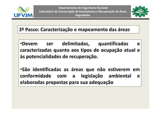 Departamento de Engenharia Florestal 
Laboratório de Conservação de Ecossistemas e Recuperação de Áreas 
Degradadas
3º Passo: Caracterização e mapeamento das áreas3  Passo: Caracterização e mapeamento das áreas
•Devem ser delimitadas quantificadas e•Devem ser delimitadas, quantificadas e
caracterizadas quanto aos tipos de ocupação atual e
às potencialidades de recuperaçãoàs potencialidades de recuperação.
•São identificadas as áreas que não estiverem emSão identificadas as áreas que não estiverem em
conformidade com a legislação ambiental e
elaboradas propostas para sua adequaçãoelaboradas propostas para sua adequação
 
