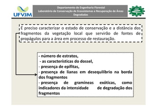 Departamento de Engenharia Florestal 
Laboratório de Conservação de Ecossistemas e Recuperação de Áreas 
Degradadas
É preciso caracterizar o estado de conservação e a distância dosp ç
fragmentos da vegetação local que servirão de fontes de
propágulos para a área em processo de restauração.
ú d t t‐ número de estratos,
‐ as características do dossel,
‐ presença de epífitas,presença de epífitas,
‐ presença de lianas em desequilíbrio na borda
dos fragmentos
‐ presença de gramíneas exóticas, como
indicadores da intensidade de degradação dos
f tfragmentos
 