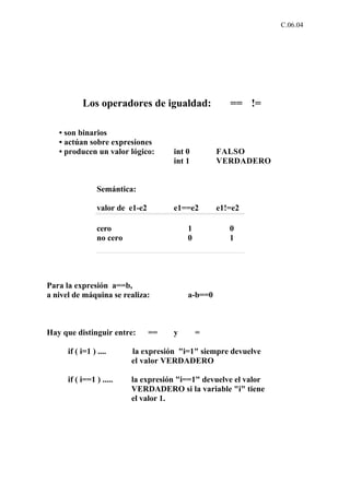 C.06.04




           Los operadores de igualdad:                 == !=

   • son binarios
   • actúan sobre expresiones
   • producen un valor lógico:         int 0        FALSO
                                       int 1        VERDADERO


                 Semántica:

                 valor de e1-e2        e1==e2       e1!=e2

                 cero                      1           0
                 no cero                   0           1




Para la expresión a==b,
a nivel de máquina se realiza:             a-b==0



Hay que distinguir entre:         ==   y       =

      if ( i=1 ) ....      la expresión "i=1" siempre devuelve
                           el valor VERDADERO

      if ( i==1 ) .....    la expresión "i==1" devuelve el valor
                           VERDADERO si la variable "i" tiene
                           el valor 1.
 