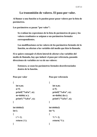 C.07.11


       La transmisión de valores. El paso por valor.
Al llamar a una función se le pueden pasar pasar valores por la lista de
parámetros.

Los parámetros se pasan "por valor":

     Se evalúan las expresiones de la lista de parámetros de paso y los
     valores resultantes se asignan a sus parámetros formales
     correspondientes.

     Las modificaciones en los valores de los parámetros formales de la
     función, no afectan a las variables del medio que hizo la llamada.

Si se quiere conseguir el efecto lateral de afectar a las variables del
medio de llamada, hay que inducir el paso por referencia, pasando
direcciones de variables en vez de sus valores:

     Entonces, se usan los parámetros formales desreferenciados
     dentro de la función.


Paso por valor                         Paso por referencia

{                                      {
    int n,m;                               int n,m;
    n=5;                                   n=5;
    printf("%dn", n);                     printf("%dn", n);
    m=doble( n );                          m=doble( &n );
    printf ("%dn", n);                    printf ("%dn", n);
}                                      }

int doble(i)                           int doble(i)
int i;                                 int *i;
{                                      {
   i *= 2;                                 *i *= 2;
   return ( i );                           return( *i );
}                                      }
 