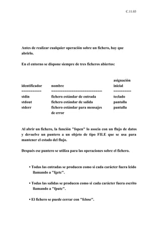 C.11.03




Antes de realizar cualquier operación sobre un fichero, hay que
abrirlo.

En el entorno se dispone siempre de tres ficheros abiertos:



                                                          asignación
identificador      nombre                                 inicial
=========          =======================                ========
stdin              fichero estándar de entrada            teclado
stdout             fichero estándar de salida             pantalla
stderr             fichero estándar para mensajes         pantalla
                   de error



Al abrir un fichero, la función "fopen" lo asocia con un flujo de datos
y devuelve un puntero a un objeto de tipo FILE que se usa para
mantener el estado del flujo.

Después ese puntero se utiliza para las operaciones sobre el fichero.



    • Todas las entradas se producen como si cada carácter fuera leido
       llamando a "fgetc".

    • Todas las salidas se producen como si cada carácter fuera escrito
       llamando a "fputc".

    • El fichero se puede cerrar con "fclose".
 