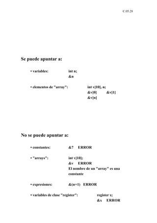 C.05.28




Se puede apuntar a:

    • variables:              int n;
                              &n

    • elementos de "array":               int v[10], n;
                                          &v[0]         &v[1]
                                          &v[n]




No se puede apuntar a:

    • constantes:             &7       ERROR

    • "arrays":               int v[10];
                              &v ERROR
                              El nombre de un "array" es una
                              constante

    • expresiones:            &(n+1) ERROR

    • variables de clase "register":            register x;
                                                &x ERROR
 