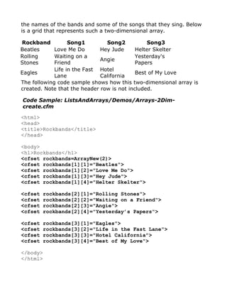 the names of the bands and some of the songs that they sing. Below
is a grid that represents such a two-dimensional array.

Rockband           Song1        Song2           Song3
Beatles      Love Me Do       Hey Jude      Helter Skelter
Rolling      Waiting on a                   Yesterday's
                              Angie
Stones       Friend                         Papers
             Life in the Fast Hotel
Eagles                                      Best of My Love
             Lane             California
The following code sample shows how this two-dimensional array is
created. Note that the header row is not included.

Code Sample: ListsAndArrays/Demos/Arrays-2Dim-
create.cfm

<html>
<head>
<title>Rockbands</title>
</head>

<body>
<h1>Rockbands</h1>
<cfset rockbands=ArrayNew(2)>
<cfset rockbands[1][1]="Beatles">
<cfset rockbands[1][2]="Love Me Do">
<cfset rockbands[1][3]="Hey Jude">
<cfset rockbands[1][4]="Helter Skelter">

<cfset   rockbands[2][1]="Rolling Stones">
<cfset   rockbands[2][2]="Waiting on a Friend">
<cfset   rockbands[2][3]="Angie">
<cfset   rockbands[2][4]="Yesterday’s Papers">

<cfset   rockbands[3][1]="Eagles">
<cfset   rockbands[3][2]="Life in the Fast Lane">
<cfset   rockbands[3][3]="Hotel California">
<cfset   rockbands[3][4]="Best of My Love">

</body>
</html>
 
