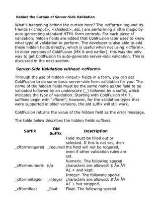 Behind the Curtain of Server-Side Validation

What's happening behind the curtain here? The <cfform> tag and its
friends (<cfinput>, <cfselect>, etc.) are performing a little magic by
auto-generating standard HTML form controls. For each piece of
validation, hidden fields are added that ColdFusion later uses to know
what type of validation to perform. The developer is also able to add
these hidden fields directly, which is useful when not using <cfform>.
In older versions of ColdFusion (MX 6 and earlier), this was the only
way to get ColdFusion to auto-generate server-side validation. This is
discussed in the next section.

Server-Side Validation without <cfform>

Through the use of hidden <input> fields in a form, you can get
ColdFusion to do some basic server-side form validation for you. The
name of the hidden fields must be the same name as the field to be
validated followed by an underscore (_) followed by a suffix, which
indicates the type of validation. Starting with ColdFusion MX 7,
suffixes begin with "cfform"; however, for the validation types that
were supported in older versions, the old suffix will still work.

ColdFusion returns the value of the hidden field as the error message.

The table below describes the hidden fields suffixes.

                   Old
     Suffix                          Description
                  Suffix
                          Field must be filled out or
                          selected. If this is not set, then
_cfformrequired _required the field will not be required,
                          even if other validation rules are
                          set.
                          Numeric. The following special
_cfformnumeric n/a        characters are allowed: $ Â¤ Â¥
                          Â£ + and kept.
                          Integer. The following special
_cfforminteger _integer characters are allowed: $ Â¤ Â¥
                          Â£ + but stripped.
_cfformfloat    _float    Float. The following special
 