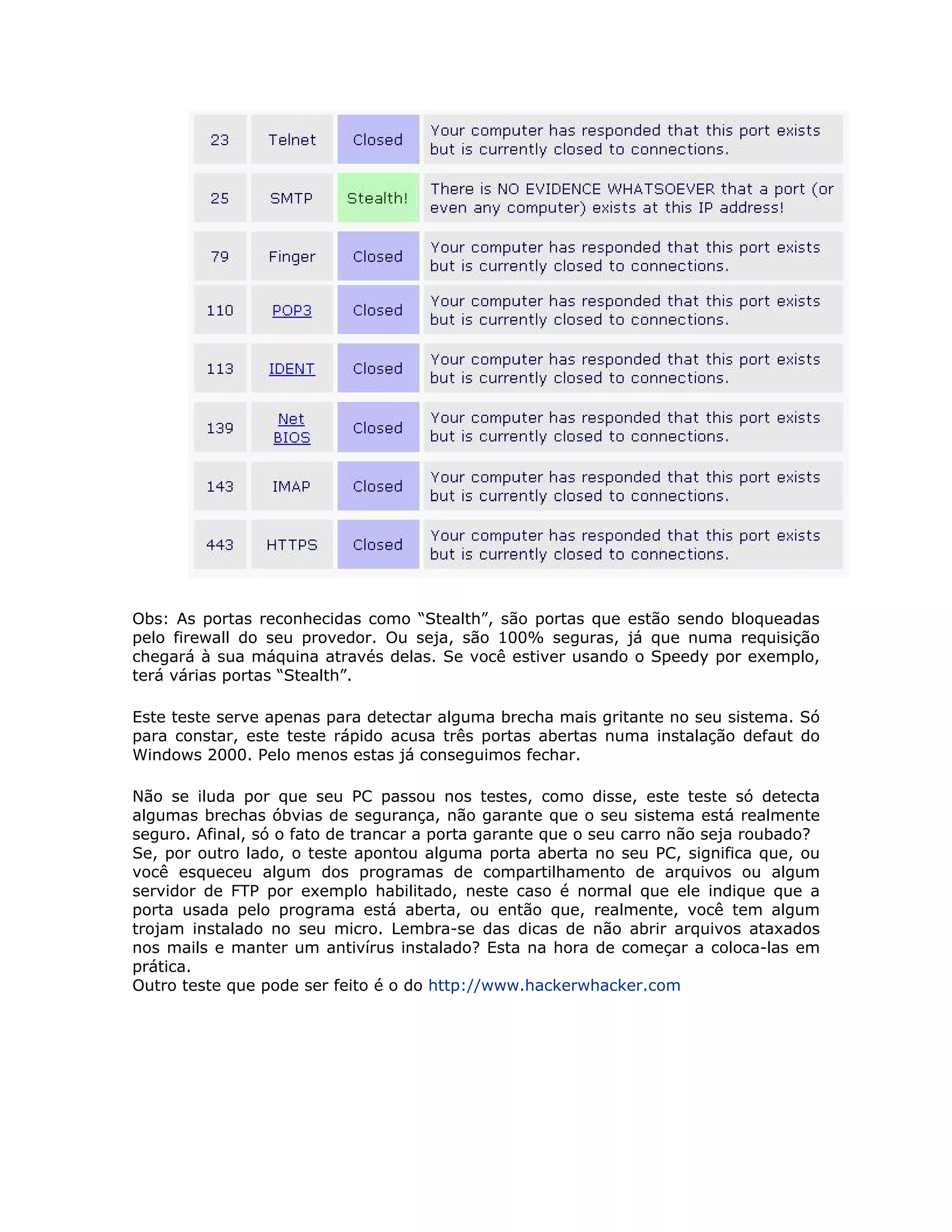 Obs: As portas reconhecidas como “Stealth”, são portas que estão sendo bloqueadas
pelo firewall do seu provedor. Ou seja, são 100% seguras, já que numa requisição
chegará à sua máquina através delas. Se você estiver usando o Speedy por exemplo,
terá várias portas “Stealth”.

Este teste serve apenas para detectar alguma brecha mais gritante no seu sistema. Só
para constar, este teste rápido acusa três portas abertas numa instalação defaut do
Windows 2000. Pelo menos estas já conseguimos fechar.

Não se iluda por que seu PC passou nos testes, como disse, este teste só detecta
algumas brechas óbvias de segurança, não garante que o seu sistema está realmente
seguro. Afinal, só o fato de trancar a porta garante que o seu carro não seja roubado?
Se, por outro lado, o teste apontou alguma porta aberta no seu PC, significa que, ou
você esqueceu algum dos programas de compartilhamento de arquivos ou algum
servidor de FTP por exemplo habilitado, neste caso é normal que ele indique que a
porta usada pelo programa está aberta, ou então que, realmente, você tem algum
trojam instalado no seu micro. Lembra-se das dicas de não abrir arquivos ataxados
nos mails e manter um antivírus instalado? Esta na hora de começar a coloca-las em
prática.
Outro teste que pode ser feito é o do http://www.hackerwhacker.com
 