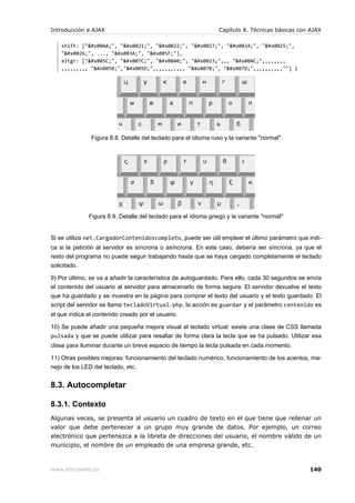 Introducción a AJAX                                             Capítulo 8. Técnicas básicas con AJAX

    shift: ["ª", "!", """, "'", "$", "%",
    "&", ..., ":", "_"],
    altgr: ["\", "|", "@", "#",,, "¬",,,,,,,,
    ,,,,,,,,, "[","]",,,,,,,,,,, "{", "}",,,,,,,,,,""] }




               Figura 8.8. Detalle del teclado para el idioma ruso y la variante "normal"




              Figura 8.9. Detalle del teclado para el idioma griego y la variante "normal"


Si se utiliza net.CargadorContenidoscompleto, puede ser útil emplear el último parámetro que indi-
ca si la petición al servidor es síncrona o asíncrona. En este caso, debería ser síncrona, ya que el
resto del programa no puede seguir trabajando hasta que se haya cargado completamente el teclado
solicitado.

9) Por último, se va a añadir la característica de autoguardado. Para ello, cada 30 segundos se envía
el contenido del usuario al servidor para almacenarlo de forma segura. El servidor devuelve el texto
que ha guardado y se muestra en la página para comprar el texto del usuario y el texto guardado. El
script del servidor se llama tecladoVirtual.php, la acción es guardar y el parámetro contenido es
el que indica el contenido creado por el usuario.

10) Se puede añadir una pequeña mejora visual al teclado virtual: existe una clase de CSS llamada
pulsada y que se puede utilizar para resaltar de forma clara la tecla que se ha pulsado. Utilizar esa
clase para iluminar durante un breve espacio de tiempo la tecla pulsada en cada momento.

11) Otras posibles mejoras: funcionamiento del teclado numérico, funcionamiento de los acentos, ma-
nejo de los LED del teclado, etc.


8.3. Autocompletar

8.3.1. Contexto
Algunas veces, se presenta al usuario un cuadro de texto en el que tiene que rellenar un
valor que debe pertenecer a un grupo muy grande de datos. Por ejemplo, un correo
electrónico que pertenezca a la libreta de direcciones del usuario, el nombre válido de un
municipio, el nombre de un empleado de una empresa grande, etc.



www.librosweb.es                                                                                140
 