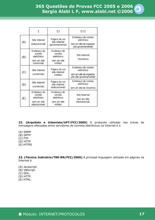 365 Questões de Provas FCC 2005 e 2006
               Sergio Alabi L F, www.alabi.net ©2006




22. (Arquiteto e Urbanista/UFT/FCC/2005) O protocolo utilizado nas             trocas   de
mensagens efetuadas entre servidores de correios eletrônicos na Internet é o

(A) SNMP
(B) SMTP
(C) FTP
(D) HTTP
(E) HTTPS



23. (Técnico Judiciário/TRE-RN/FCC/2005) A principal linguagem utilizada em páginas na
Internet é

(A) Javascript.
(B) VBScript.
(C) DDL.
(D) HTTP.
(E) HTML.




   Módulo: INTERNET/PROTOCOLOS                                                          17
 