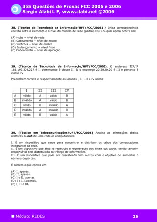 365 Questões de Provas FCC 2005 e 2006
        Sergio Alabi L F, www.alabi.net ©2006


28. (Técnico de Tecnologia da Informação/UFT/FCC/2005) A única correspondência
correta entre o elemento e o nível do modelo de Rede (padrão OSI) no qual opera ocorre em:

(A) Hubs − nível de rede
(B) Cabeamento − nível de enlace
(C) Switches − nível de enlace
(D) Endereçamento − nível físico
(E) Cabeamento − nível de aplicação




29. (Técnico de Tecnologia da Informação/UFT/FCC/2005). O endereço TCP/IP
185.193.224.227 é I, pertencente à classe II. Já o endereço 20.20.20.20 é III e pertence à
classe IV

Preenchem correta e respectivamente as lacunas I, II, III e IV acima:




30. (Técnico em Telecomunicações/UFT/FCC/2005) Analise as afirmações abaixo
relativas ao hub de uma rede de computadores:

I. É um dispositivo que serve para concentrar e distribuir os cabos dos computadores
integrantes da rede.
II. É um dispositivo que atua na repetição e regeneração dos sinais dos cabos, sendo também
responsável pela distribuição do tráfego de informações.
III. É um dispositivo que pode ser cascateado com outros com o objetivo de aumentar o
número de portas.

É correto o que consta em

(A) I, apenas.
(B) II, apenas.
(C) I e II, apenas.
(D) I e III, apenas.
(E) I, II e III.




   Módulo: REDES                                                                       26
 