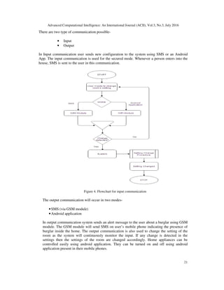 Advanced Computational Intelligence: An International Journal (ACII), Vol.3, No.3, July 2016
21
There are two type of communication possible-
• Input
• Output
In Input communication user sends new configuration to the system using SMS or an Android
App. The input communication is used for the secured mode. Whenever a person enters into the
house, SMS is sent to the user in this communication.
Figure 4. Flowchart for input communication
The output communication will occur in two modes-
•SMS (via GSM module)
•Android application
In output communication system sends an alert message to the user about a burglar using GSM
module. The GSM module will send SMS on user’s mobile phone indicating the presence of
burglar inside the home. The output communication is also used to change the setting of the
room as the system will continuously monitor the input. If any change is detected in the
settings then the settings of the room are changed accordingly. Home appliances can be
controlled easily using android application. They can be turned on and off using android
application present in their mobile phones.
 