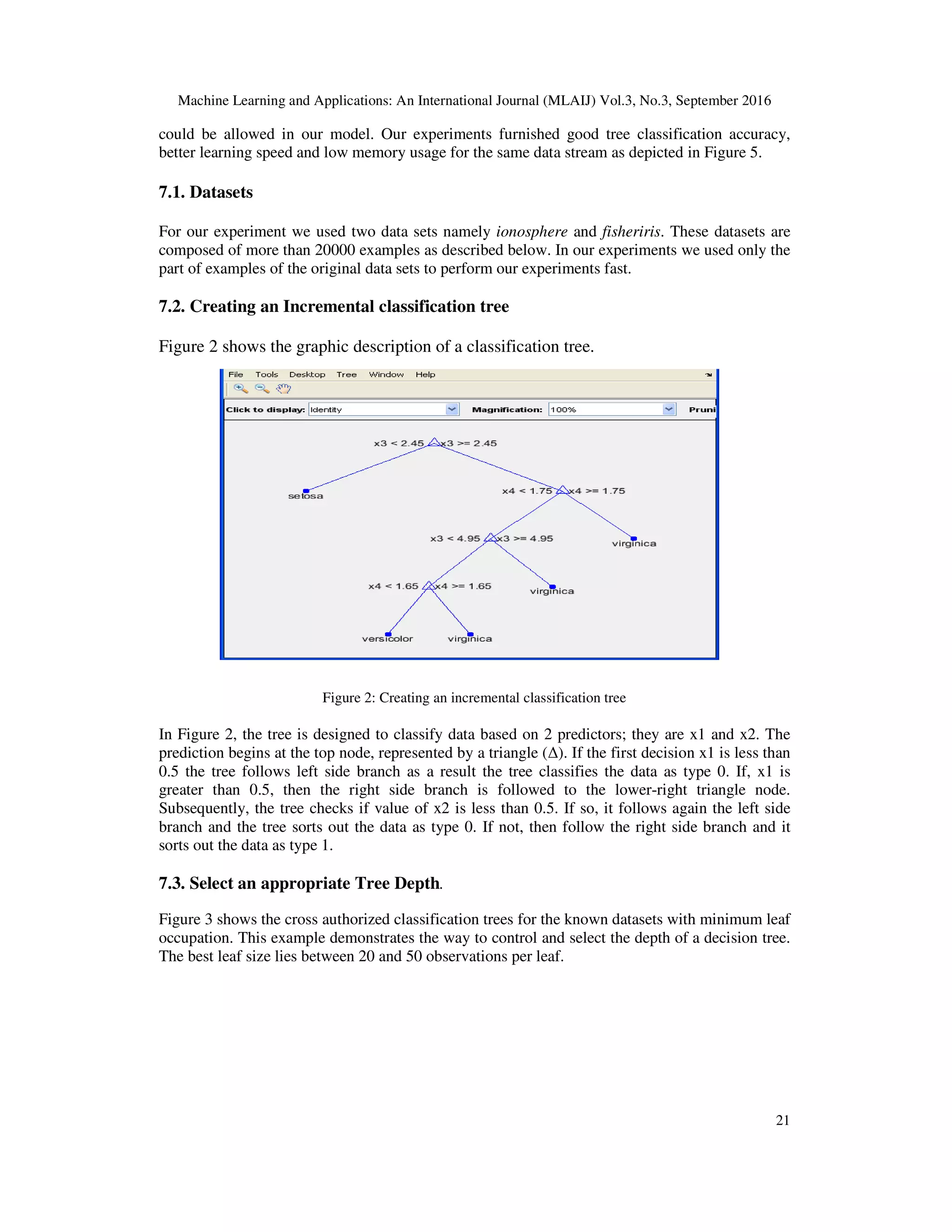 Machine Learning and Applications: An International Journal (MLAIJ) Vol.3, No.3, September 2016 21 could be allowed in our model. Our experiments furnished good tree classification accuracy, better learning speed and low memory usage for the same data stream as depicted in Figure 5. 7.1. Datasets For our experiment we used two data sets namely ionosphere and fisheriris. These datasets are composed of more than 20000 examples as described below. In our experiments we used only the part of examples of the original data sets to perform our experiments fast. 7.2. Creating an Incremental classification tree Figure 2 shows the graphic description of a classification tree. Figure 2: Creating an incremental classification tree In Figure 2, the tree is designed to classify data based on 2 predictors; they are x1 and x2. The prediction begins at the top node, represented by a triangle (∆). If the first decision x1 is less than 0.5 the tree follows left side branch as a result the tree classifies the data as type 0. If, x1 is greater than 0.5, then the right side branch is followed to the lower-right triangle node. Subsequently, the tree checks if value of x2 is less than 0.5. If so, it follows again the left side branch and the tree sorts out the data as type 0. If not, then follow the right side branch and it sorts out the data as type 1. 7.3. Select an appropriate Tree Depth. Figure 3 shows the cross authorized classification trees for the known datasets with minimum leaf occupation. This example demonstrates the way to control and select the depth of a decision tree. The best leaf size lies between 20 and 50 observations per leaf. 