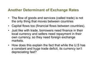 Another Determinant of Exchange Rates
• The flow of goods and services (called trade) is not
the only thing that moves between countries
• Capital flows too (financial flows between countries).
• Just like with trade, borrowers need finance in their
local currency and sellers need repayment in their
own currency, so they need foreign exchange
markets.
• How does this explain the fact that while the U.S has
a constant and huge trade deficit, its currency isn’t
depreciating fast?
 