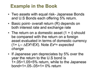 Example in the Book
• Two assets with equal risk- Japanese Bonds
and U.S Bonds each offering 5% return.
• Basic point- overall return (R) depends on
both interest rate and exchange rate
• The return on a domestic asset (1 + i) should
be compared with the return on a foreign
asset evaluated in terms of domestic currency
(1+ if – ∆EXe/EX). Note Exe= expected
change
• If Japanese yen depreciates by 5% over the
year the return to the U.S bond is
1+.05=1.05=5% return, while to the Japanese
bond=1+.05-.05=1= 0% return
 