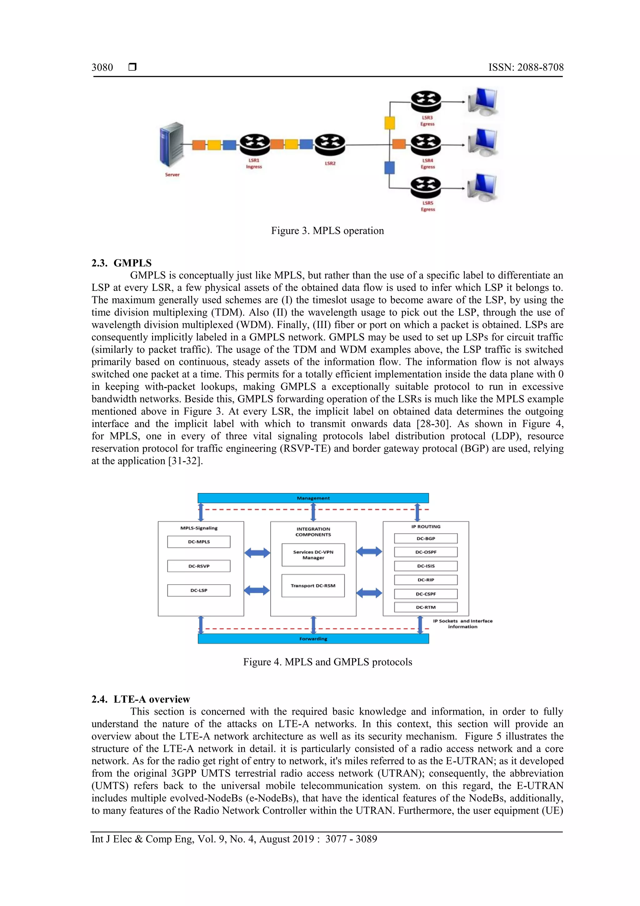  ISSN: 2088-8708
Int J Elec & Comp Eng, Vol. 9, No. 4, August 2019 : 3077 - 3089
3080
Figure 3. MPLS operation
2.3. GMPLS
GMPLS is conceptually just like MPLS, but rather than the use of a specific label to differentiate an
LSP at every LSR, a few physical assets of the obtained data flow is used to infer which LSP it belongs to.
The maximum generally used schemes are (I) the timeslot usage to become aware of the LSP, by using the
time division multiplexing (TDM). Also (II) the wavelength usage to pick out the LSP, through the use of
wavelength division multiplexed (WDM). Finally, (III) fiber or port on which a packet is obtained. LSPs are
consequently implicitly labeled in a GMPLS network. GMPLS may be used to set up LSPs for circuit traffic
(similarly to packet traffic). The usage of the TDM and WDM examples above, the LSP traffic is switched
primarily based on continuous, steady assets of the information flow. The information flow is not always
switched one packet at a time. This permits for a totally efficient implementation inside the data plane with 0
in keeping with-packet lookups, making GMPLS a exceptionally suitable protocol to run in excessive
bandwidth networks. Beside this, GMPLS forwarding operation of the LSRs is much like the MPLS example
mentioned above in Figure 3. At every LSR, the implicit label on obtained data determines the outgoing
interface and the implicit label with which to transmit onwards data [28-30]. As shown in Figure 4,
for MPLS, one in every of three vital signaling protocols label distribution protocal (LDP), resource
reservation protocol for traffic engineering (RSVP-TE) and border gateway protocal (BGP) are used, relying
at the application [31-32].
Figure 4. MPLS and GMPLS protocols
2.4. LTE-A overview
This section is concerned with the required basic knowledge and information, in order to fully
understand the nature of the attacks on LTE-A networks. In this context, this section will provide an
overview about the LTE-A network architecture as well as its security mechanism. Figure 5 illustrates the
structure of the LTE-A network in detail. it is particularly consisted of a radio access network and a core
network. As for the radio get right of entry to network, it's miles referred to as the E-UTRAN; as it developed
from the original 3GPP UMTS terrestrial radio access network (UTRAN); consequently, the abbreviation
(UMTS) refers back to the universal mobile telecommunication system. on this regard, the E-UTRAN
includes multiple evolved-NodeBs (e-NodeBs), that have the identical features of the NodeBs, additionally,
to many features of the Radio Network Controller within the UTRAN. Furthermore, the user equipment (UE)
 
