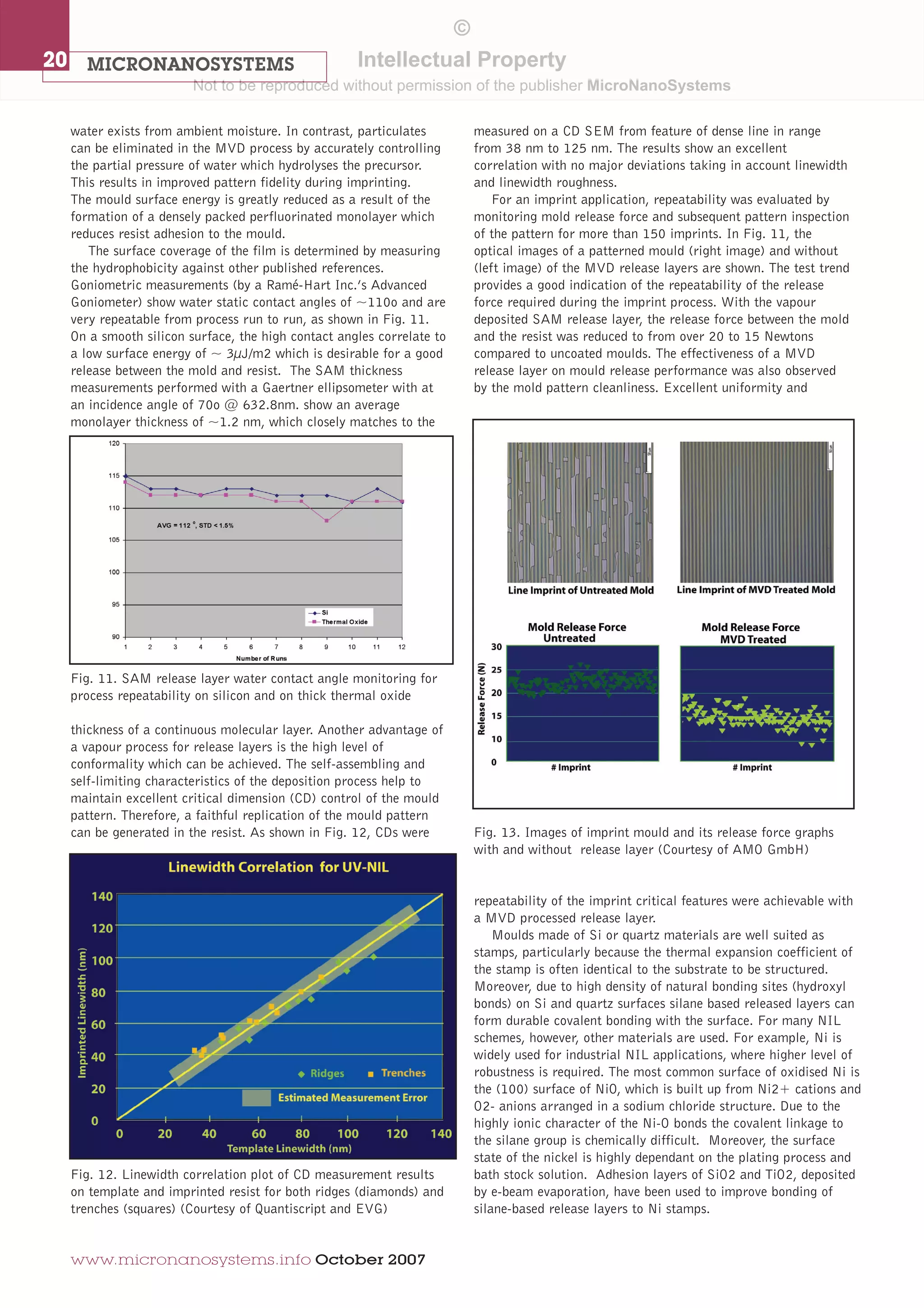 20 MICRONANOSYSTEMS 
water exists from ambient moisture. In contrast, particulates 
can be eliminated in the MVD process by accurately controlling 
the partial pressure of water which hydrolyses the precursor. 
This results in improved pattern fidelity during imprinting. 
The mould surface energy is greatly reduced as a result of the 
formation of a densely packed perfluorinated monolayer which 
reduces resist adhesion to the mould. 
The surface coverage of the film is determined by measuring 
the hydrophobicity against other published references. 
Goniometric measurements (by a Ramé-Hart Inc.’s Advanced 
Goniometer) show water static contact angles of ~110o and are 
very repeatable from process run to run, as shown in Fig. 11. 
On a smooth silicon surface, the high contact angles correlate to 
a low surface energy of ~ 3μJ/m2 which is desirable for a good 
release between the mold and resist. The SAM thickness 
measurements performed with a Gaertner ellipsometer with at 
an incidence angle of 70o @ 632.8nm. show an average 
monolayer thickness of ~1.2 nm, which closely matches to the 
thickness of a continuous molecular layer. Another advantage of 
a vapour process for release layers is the high level of 
conformality which can be achieved. The self-assembling and 
self-limiting characteristics of the deposition process help to 
maintain excellent critical dimension (CD) control of the mould 
pattern. Therefore, a faithful replication of the mould pattern 
can be generated in the resist. As shown in Fig. 12, CDs were 
www.micronanosystems.info October 2007 
measured on a CD SEM from feature of dense line in range 
from 38 nm to 125 nm. The results show an excellent 
correlation with no major deviations taking in account linewidth 
and linewidth roughness. 
For an imprint application, repeatability was evaluated by 
monitoring mold release force and subsequent pattern inspection 
of the pattern for more than 150 imprints. In Fig. 11, the 
optical images of a patterned mould (right image) and without 
(left image) of the MVD release layers are shown. The test trend 
provides a good indication of the repeatability of the release 
force required during the imprint process. With the vapour 
deposited SAM release layer, the release force between the mold 
and the resist was reduced to from over 20 to 15 Newtons 
compared to uncoated moulds. The effectiveness of a MVD 
release layer on mould release performance was also observed 
by the mold pattern cleanliness. Excellent uniformity and 
repeatability of the imprint critical features were achievable with 
a MVD processed release layer. 
Moulds made of Si or quartz materials are well suited as 
stamps, particularly because the thermal expansion coefficient of 
the stamp is often identical to the substrate to be structured. 
Moreover, due to high density of natural bonding sites (hydroxyl 
bonds) on Si and quartz surfaces silane based released layers can 
form durable covalent bonding with the surface. For many NIL 
schemes, however, other materials are used. For example, Ni is 
widely used for industrial NIL applications, where higher level of 
robustness is required. The most common surface of oxidised Ni is 
the (100) surface of NiO, which is built up from Ni2+ cations and 
O2- anions arranged in a sodium chloride structure. Due to the 
highly ionic character of the Ni-O bonds the covalent linkage to 
the silane group is chemically difficult. Moreover, the surface 
state of the nickel is highly dependant on the plating process and 
bath stock solution. Adhesion layers of SiO2 and TiO2, deposited 
by e-beam evaporation, have been used to improve bonding of 
silane-based release layers to Ni stamps. 
Fig. 11. SAM release layer water contact angle monitoring for 
process repeatability on silicon and on thick thermal oxide 
Fig. 12. Linewidth correlation plot of CD measurement results 
on template and imprinted resist for both ridges (diamonds) and 
trenches (squares) (Courtesy of Quantiscript and EVG) 
Fig. 13. Images of imprint mould and its release force graphs 
with and without release layer (Courtesy of AMO GmbH) 
© 
Intellectual Property 
Not to be reproduced without permission of the publisher MicroNanoSystems 
 