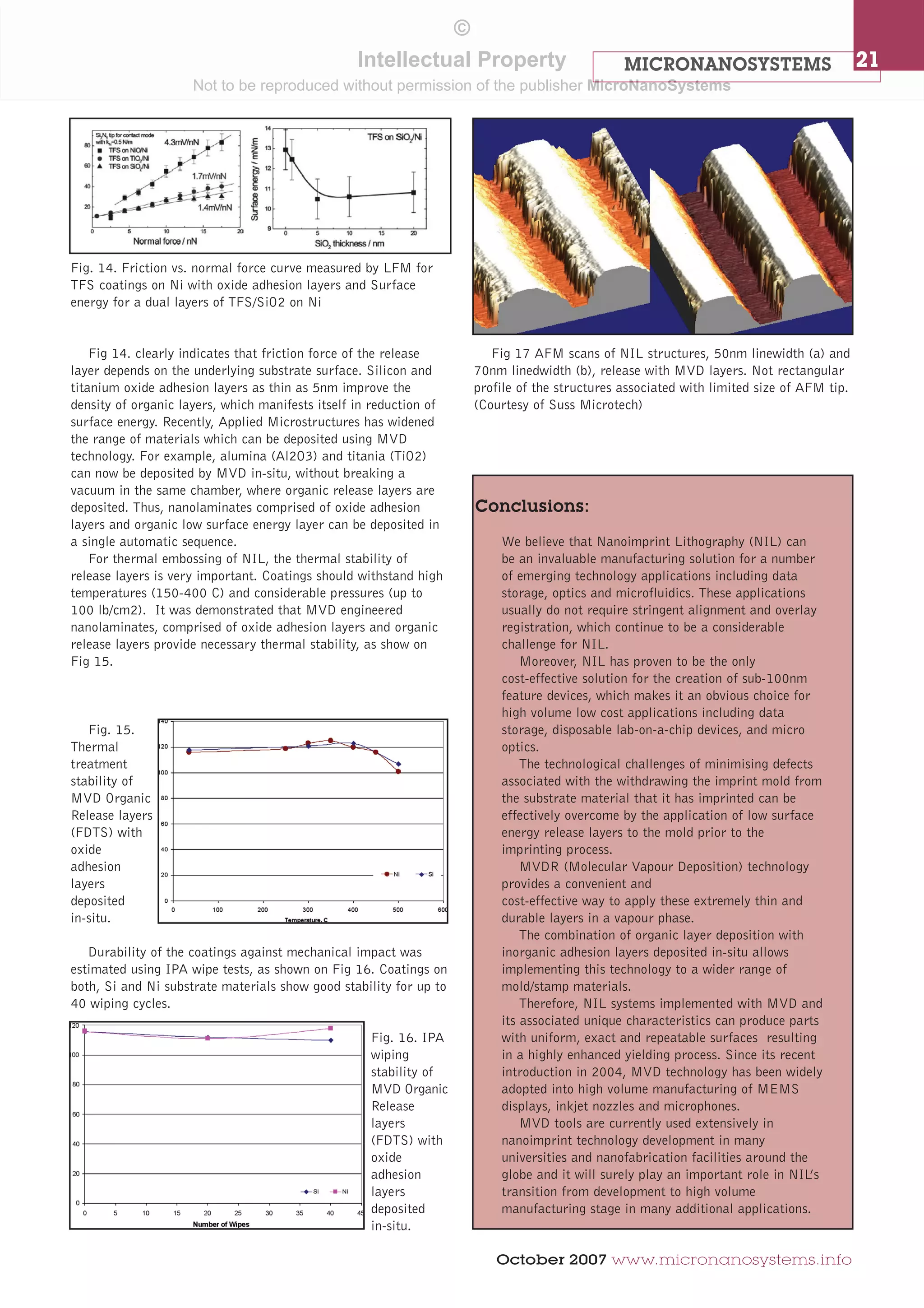MICRONANOSYSTEMS 21 
October 2007 www.micronanosystems.info 
Fig 14. clearly indicates that friction force of the release 
layer depends on the underlying substrate surface. Silicon and 
titanium oxide adhesion layers as thin as 5nm improve the 
density of organic layers, which manifests itself in reduction of 
surface energy. Recently, Applied Microstructures has widened 
the range of materials which can be deposited using MVD 
technology. For example, alumina (Al2O3) and titania (TiO2) 
can now be deposited by MVD in-situ, without breaking a 
vacuum in the same chamber, where organic release layers are 
deposited. Thus, nanolaminates comprised of oxide adhesion 
layers and organic low surface energy layer can be deposited in 
a single automatic sequence. 
For thermal embossing of NIL, the thermal stability of 
release layers is very important. Coatings should withstand high 
temperatures (150-400 C) and considerable pressures (up to 
100 lb/cm2). It was demonstrated that MVD engineered 
nanolaminates, comprised of oxide adhesion layers and organic 
release layers provide necessary thermal stability, as show on 
Fig 15. 
Fig. 15. 
Thermal 
treatment 
stability of 
MVD Organic 
Release layers 
(FDTS) with 
oxide 
adhesion 
layers 
deposited 
in-situ. 
Durability of the coatings against mechanical impact was 
estimated using IPA wipe tests, as shown on Fig 16. Coatings on 
both, Si and Ni substrate materials show good stability for up to 
40 wiping cycles. 
Fig. 16. IPA 
wiping 
stability of 
MVD Organic 
Release 
layers 
(FDTS) with 
oxide 
adhesion 
layers 
deposited 
in-situ. 
Conclusions: 
We believe that Nanoimprint Lithography (NIL) can 
be an invaluable manufacturing solution for a number 
of emerging technology applications including data 
storage, optics and microfluidics. These applications 
usually do not require stringent alignment and overlay 
registration, which continue to be a considerable 
challenge for NIL. 
Moreover, NIL has proven to be the only 
cost-effective solution for the creation of sub-100nm 
feature devices, which makes it an obvious choice for 
high volume low cost applications including data 
storage, disposable lab-on-a-chip devices, and micro 
optics. 
The technological challenges of minimising defects 
associated with the withdrawing the imprint mold from 
the substrate material that it has imprinted can be 
effectively overcome by the application of low surface 
energy release layers to the mold prior to the 
imprinting process. 
MVDR (Molecular Vapour Deposition) technology 
provides a convenient and 
cost-effective way to apply these extremely thin and 
durable layers in a vapour phase. 
The combination of organic layer deposition with 
inorganic adhesion layers deposited in-situ allows 
implementing this technology to a wider range of 
mold/stamp materials. 
Therefore, NIL systems implemented with MVD and 
its associated unique characteristics can produce parts 
with uniform, exact and repeatable surfaces resulting 
in a highly enhanced yielding process. Since its recent 
introduction in 2004, MVD technology has been widely 
adopted into high volume manufacturing of MEMS 
displays, inkjet nozzles and microphones. 
MVD tools are currently used extensively in 
nanoimprint technology development in many 
universities and nanofabrication facilities around the 
globe and it will surely play an important role in NIL’s 
transition from development to high volume 
manufacturing stage in many additional applications. 
Fig. 14. Friction vs. normal force curve measured by LFM for 
TFS coatings on Ni with oxide adhesion layers and Surface 
energy for a dual layers of TFS/SiO2 on Ni 
Fig 17 AFM scans of NIL structures, 50nm linewidth (a) and 
70nm linedwidth (b), release with MVD layers. Not rectangular 
profile of the structures associated with limited size of AFM tip. 
(Courtesy of Suss Microtech) 
© 
Intellectual Property 
Not to be reproduced without permission of the publisher MicroNanoSystems 
