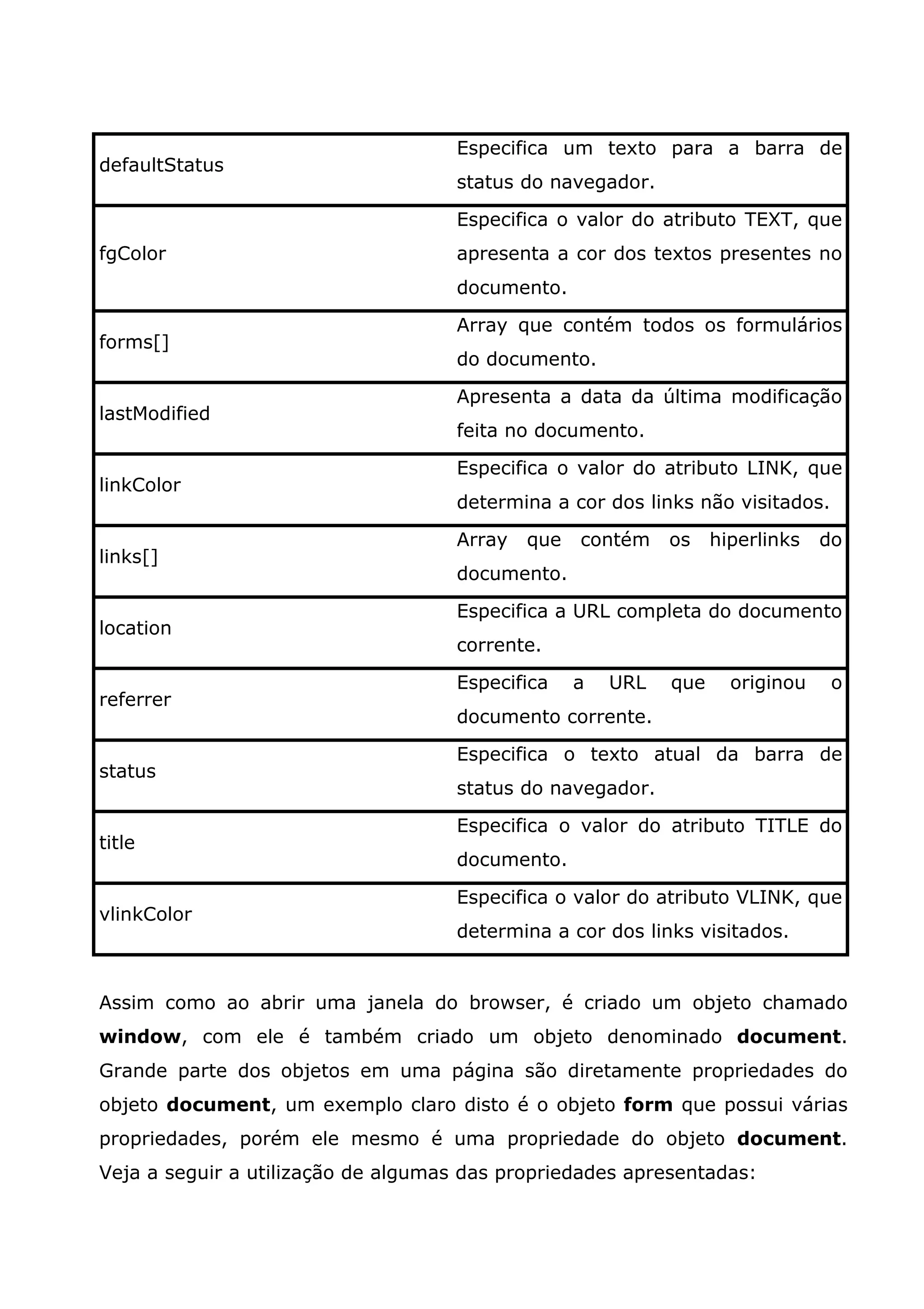 defaultStatus Especifica um texto para a barra de status do navegador. fgColor Especifica o valor do atributo TEXT, que apresenta a cor dos textos presentes no documento. forms[] Array que contém todos os formulários do documento. lastModified Apresenta a data da última modificação feita no documento. linkColor Especifica o valor do atributo LINK, que determina a cor dos links não visitados. links[] Array que contém os hiperlinks do documento. location Especifica a URL completa do documento corrente. referrer Especifica a URL que originou o documento corrente. status Especifica o texto atual da barra de status do navegador. title Especifica o valor do atributo TITLE do documento. vlinkColor Especifica o valor do atributo VLINK, que determina a cor dos links visitados. Assim como ao abrir uma janela do browser, é criado um objeto chamado window, com ele é também criado um objeto denominado document. Grande parte dos objetos em uma página são diretamente propriedades do objeto document, um exemplo claro disto é o objeto form que possui várias propriedades, porém ele mesmo é uma propriedade do objeto document. Veja a seguir a utilização de algumas das propriedades apresentadas: 