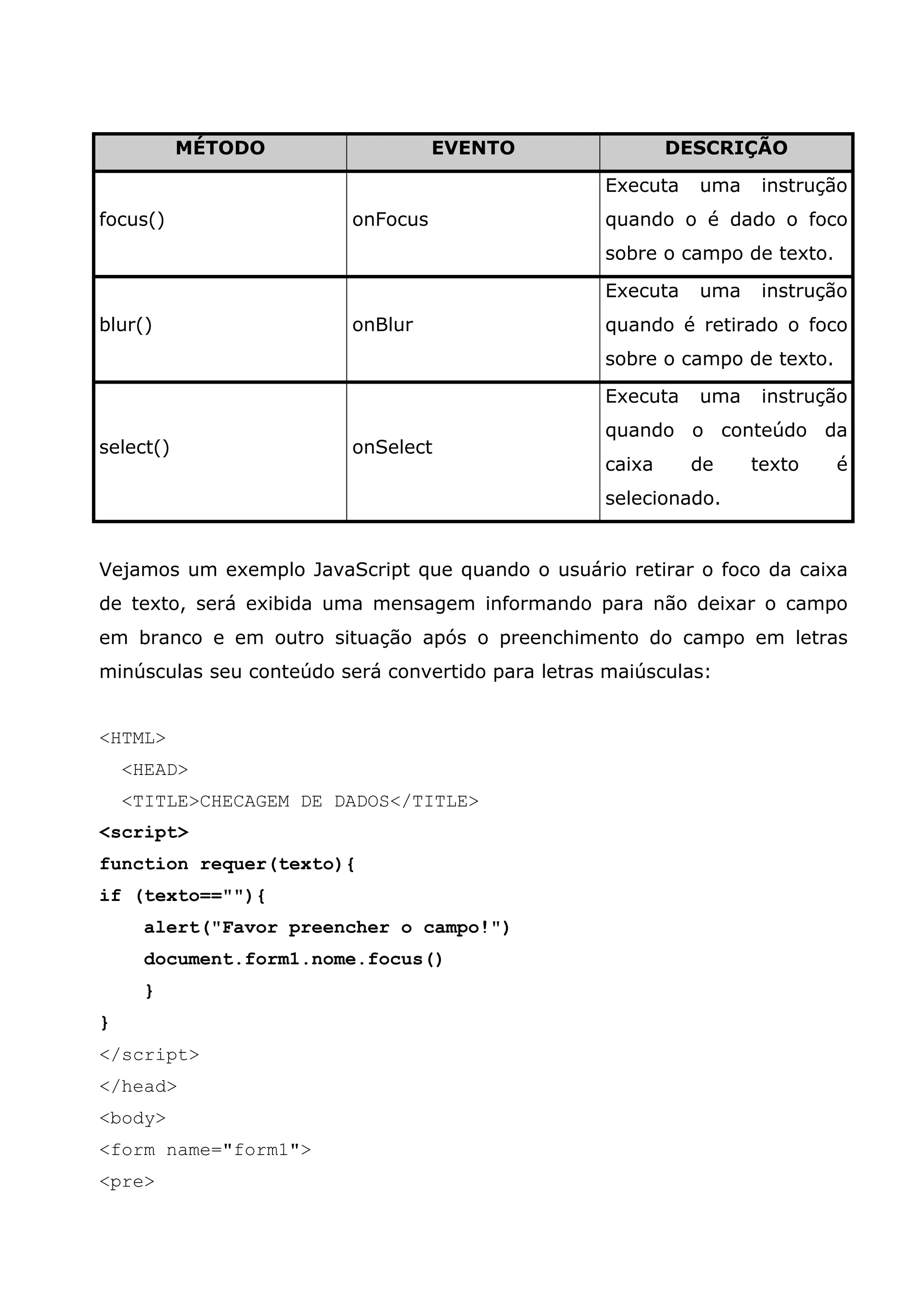 MÉTODO EVENTO DESCRIÇÃO focus() onFocus Executa uma instrução quando o é dado o foco sobre o campo de texto. blur() onBlur Executa uma instrução quando é retirado o foco sobre o campo de texto. select() onSelect Executa uma instrução quando o conteúdo da caixa de texto é selecionado. Vejamos um exemplo JavaScript que quando o usuário retirar o foco da caixa de texto, será exibida uma mensagem informando para não deixar o campo em branco e em outro situação após o preenchimento do campo em letras minúsculas seu conteúdo será convertido para letras maiúsculas: <HTML> <HEAD> <TITLE>CHECAGEM DE DADOS</TITLE> <script> function requer(texto){ if (texto==""){ alert("Favor preencher o campo!") document.form1.nome.focus() } } </script> </head> <body> <form name="form1"> <pre> 
