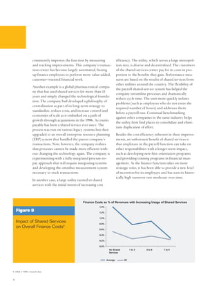 consistently improves the function by measuring           efficiency. The utility, which serves a large metropol-
                   and tracking improvements. This company’s transac-        itan area, is diverse and decentralized. The customers
                   tion center has become largely automated, freeing         of the shared-services center pay for its costs in pro-
                   up finance employees to perform more value-added,         portion to the benefits they gain. Performance mea-
                   customer-oriented financial work.                         sures are based on the results of shared services from
                                                                             other utilities around the country. The flexibility of
                   Another example is a global pharmaceutical compa-
                                                                             the payroll shared-service system has helped the
                   ny that has used shared services for more than 15
                                                                             company streamline processes and dramatically
                   years and simply changed the technological founda-
                                                                             reduce cycle time. The unit more quickly isolates
                   tion. The company had developed a philosophy of
                                                                             problems (such as employees who do not enter the
                   centralization as part of its long-term strategy to
                                                                             required number of hours) and addresses them
                   standardize, reduce costs, and increase control and
                                                                             before a payroll run. Continual benchmarking
                   economies of scale as it embarked on a path of
                                                                             against other companies in the same industry helps
                   growth through acquisitions in the 1990s. Accounts
                                                                             the utility firm find places to consolidate and elimi-
                   payable has been a shared service ever since. The
                                                                             nate duplication of effort.
                   process was run on various legacy systems but then
                   upgraded to an overall enterprise resource planning       Besides the cost efficiency inherent in these improve-
                   (ERP) system that handled the parent company’s            ments, an unforeseen benefit of shared services is
                   transactions. Now, however, the company realizes          that employees in the payroll function can take on
                   that processes cannot be made more efficient with-        other responsibilities with a longer-term impact,
                   out changing the technology again. The company is         such as developing new-hire orientation programs
                   experimenting with a fully integrated procure-to-         and providing training programs in financial man-
                   pay approach that will require integrating systems        agement. As the finance function takes on more
                   and developing the omnibus measurement system             strategic roles, it has been able to provide a new level
                   necessary to track transactions.                          of incentives for its employees and has seen its histor-
                                                                             ically high turnover rate moderate over time.
                   In another case, a large utility turned to shared
                   services with the initial intent of increasing cost



                                                       Finance Costs as % of Revenues with Increasing Usage of Shared Services

    Figure 9

    Impact of Shared Services
    on Overall Finance Costs8




8. APQC’s OSBC research data


6
 