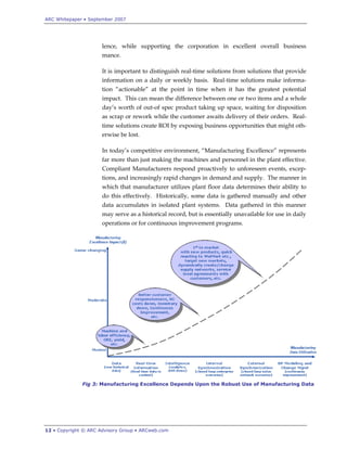 ARC Whitepaper • September 2007




                      lence, while supporting the corporation in excellent overall business
                      mance.

                      It is important to distinguish real-time solutions from solutions that provide
                      information on a daily or weekly basis. Real-time solutions make informa-
                      tion “actionable” at the point in time when it has the greatest potential
                      impact. This can mean the difference between one or two items and a whole
                      day‟s worth of out-of spec product taking up space, waiting for disposition
                      as scrap or rework while the customer awaits delivery of their orders. Real-
                      time solutions create ROI by exposing business opportunities that might oth-
                      erwise be lost.

                      In today‟s competitive environment, “Manufacturing Excellence” represents
                      far more than just making the machines and personnel in the plant effective.
                      Compliant Manufacturers respond proactively to unforeseen events, excep-
                      tions, and increasingly rapid changes in demand and supply. The manner in
                      which that manufacturer utilizes plant floor data determines their ability to
                      do this effectively. Historically, some data is gathered manually and other
                      data accumulates in isolated plant systems. Data gathered in this manner
                      may serve as a historical record, but is essentially unavailable for use in daily
                      operations or for continuous improvement programs.




              Fig 3: Manufacturing Excellence Depends Upon the Robust Use of Manufacturing Data




12 • Copyright © ARC Advisory Group • ARCweb.com
 