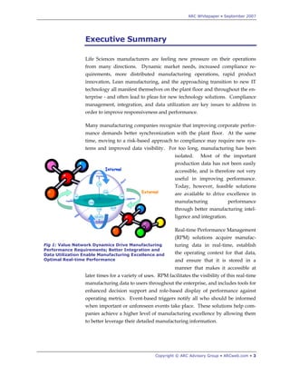 ARC Whitepaper • September 2007




                 Executive Summary

                 Life Sciences manufacturers are feeling new pressure on their operations
                 from many directions. Dynamic market needs, increased compliance re-
                 quirements, more distributed manufacturing operations, rapid product
                 innovation, Lean manufacturing, and the approaching transition to new IT
                 technology all manifest themselves on the plant floor and throughout the en-
                 terprise - and often lead to pleas for new technology solutions. Compliance
                 management, integration, and data utilization are key issues to address in
                 order to improve responsiveness and performance.

                 Many manufacturing companies recognize that improving corporate perfor-
                 mance demands better synchronization with the plant floor. At the same
                 time, moving to a risk-based approach to compliance may require new sys-
                 tems and improved data visibility. For too long, manufacturing has been
                                                            isolated.    Most of the important
                                                            production data has not been easily
                                                            accessible, and is therefore not very
                                                            useful in improving performance.
                                                            Today, however, feasible solutions
                                                            are available to drive excellence in
                                                            manufacturing              performance
                                                            through better manufacturing intel-
                                                            ligence and integration.

                                                            Real-time Performance Management
                                                            (RPM) solutions acquire manufac-
Fig 1: Value Network Dynamics Drive Manufacturing           turing data in real-time, establish
Performance Requirements; Better Integration and
Data Utilization Enable Manufacturing Excellence and        the operating context for that data,
Optimal Real-time Performance                               and ensure that it is stored in a
                                                            manner that makes it accessible at
                 later times for a variety of uses. RPM facilitates the visibility of this real-time
                 manufacturing data to users throughout the enterprise, and includes tools for
                 enhanced decision support and role-based display of performance against
                 operating metrics. Event-based triggers notify all who should be informed
                 when important or unforeseen events take place. These solutions help com-
                 panies achieve a higher level of manufacturing excellence by allowing them
                 to better leverage their detailed manufacturing information.




                                                   Copyright © ARC Advisory Group • ARCweb.com • 3
 