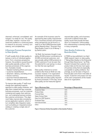 cleansed, enhanced, consolidated, and         An example of the business case for               required data quality, and a business
merged, it is ready for use. The quality      approaching data quality improvement              case built to address those data
of the data, however, must be moni-           from a business process and business              quality issues that provide the best
tored and profiled on a continuing basis      entity perspective can be found in a              return on investment. Unfortunately,
to measure its accuracy, currency, con-       reply to an April 2006 Business Intelli-          this understanding is severely lacking
sistency, and completeness.                   gence Network blog (“Surprise! Poor               in many companies.
                                              Data Quality Costs a Lot of Money”)
A Business Process Perspective                by David Loshin:                                  Data Quality Problems by
to Data Quality                                                                                 Business Entity
                                              “At Shell, the business thought it was
IT staff usually think of data quality ini-   selling 20,000 product combinations to            A TDWI survey published in an April
tiatives in terms of individual applica-      20,000 commercial customers, and                  2006 research report on data quality
tions. From a business perspective,           was actually selling 5,000 products to            (“Taking Data Quality to the Enterprise
however, the problems caused by poor          6,000 customers! It can be seen that              through Data Governance” by Philip
data quality typically surface in the         the potential for cost saving in a situa-         Russom) showed that customer and
business processes of the organiza-           tion like that was significant.”                  product data are the two main types
tion. Examples include:                                                                         of business entity that are especially
• Wasted marketing efforts and costs          Data quality initiatives to correct               susceptible to quality problems. Sur-
• Customer dissatisfaction                    problems like those at Shell can only             prisingly, as can be seen in Figure 2,
• Shipment, delivery, and billing errors      succeed, however, if an organization              financial data came third in the table of
• Excess inventory                            understands its business processes,               results. Customer and product are two
• Incorrect financial statements              and the data and data quality required            of the main components of the master
• Delays in new product introduction          by those processes. In this way, actual           data of an organization.
                                              data quality can be measured against
To improve data quality, IT staff must
change their application-specific
approach to data quality initiatives, and     Type of Business Data                             Percentage of Respondents
align them instead with key corporate         Customer Data                                     74%
business processes, such as customer          Product Data                                      43%
marketing and supply chain optimiza-          Financial Data                                    36%
tion, and underlying business entities
                                              Sales Contact Data                                27%
like customer and product. This align-
                                              Data from ERP Systems                             25%
ment helps improve data consistency
across application systems, which in          Employee Data                                     16%
turn simplifies data integration tasks,       International Data                                12%
such as building an integrated product        Other                                             10%
catalog or creating a single view of
the customer.                                 Figure 2: Business Entities Susceptible to Data Quality Problems




                                                                                        SAP Thought Leadership – Information Management   7
 