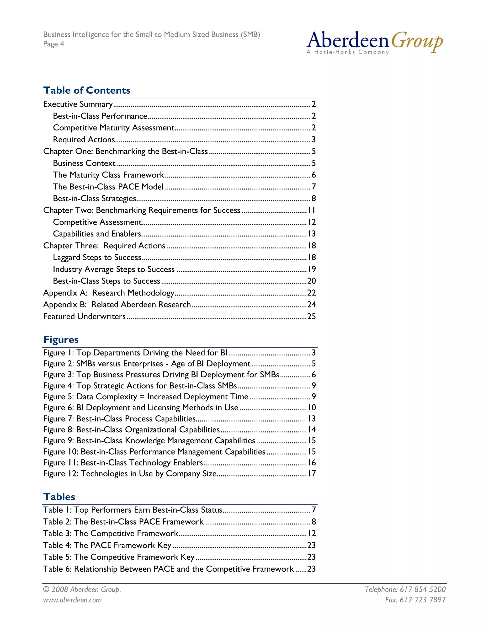 Business Intelligence for the Small to Medium Sized Business (SMB)
Page 4




Table of Contents
Executive Summary....................................................................................................... 2
  Best-in-Class Performance..................................................................................... 2
  Competitive Maturity Assessment....................................................................... 2
  Required Actions...................................................................................................... 3
Chapter One: Benchmarking the Best-in-Class ..................................................... 5
  Business Context ..................................................................................................... 5
  The Maturity Class Framework............................................................................ 6
  The Best-in-Class PACE Model ............................................................................ 7
  Best-in-Class Strategies........................................................................................... 8
Chapter Two: Benchmarking Requirements for Success ..................................11
  Competitive Assessment......................................................................................12
  Capabilities and Enablers......................................................................................13
Chapter Three: Required Actions .........................................................................18
  Laggard Steps to Success......................................................................................18
  Industry Average Steps to Success ....................................................................19
  Best-in-Class Steps to Success............................................................................20
Appendix A: Research Methodology.....................................................................22
Appendix B: Related Aberdeen Research............................................................24
Featured Underwriters..............................................................................................25

Figures
Figure 1: Top Departments Driving the Need for BI........................................... 3
Figure 2: SMBs versus Enterprises - Age of BI Deployment............................... 5
Figure 3: Top Business Pressures Driving BI Deployment for SMBs................ 6
Figure 4: Top Strategic Actions for Best-in-Class SMBs...................................... 9
Figure 5: Data Complexity = Increased Deployment Time ................................ 9
Figure 6: BI Deployment and Licensing Methods in Use ...................................10
Figure 7: Best-in-Class Process Capabilities..........................................................13
Figure 8: Best-in-Class Organizational Capabilities.............................................14
Figure 9: Best-in-Class Knowledge Management Capabilities ..........................15
Figure 10: Best-in-Class Performance Management Capabilities .....................15
Figure 11: Best-in-Class Technology Enablers......................................................16
Figure 12: Technologies in Use by Company Size...............................................17

Tables
Table 1: Top Performers Earn Best-in-Class Status.............................................. 7
Table 2: The Best-in-Class PACE Framework ....................................................... 8
Table 3: The Competitive Framework...................................................................12
Table 4: The PACE Framework Key ......................................................................23
Table 5: The Competitive Framework Key ..........................................................23
Table 6: Relationship Between PACE and the Competitive Framework ......23

© 2008 Aberdeen Group.                                                                                                       Telephone: 617 854 5200
www.aberdeen.com                                                                                                                   Fax: 617 723 7897
 