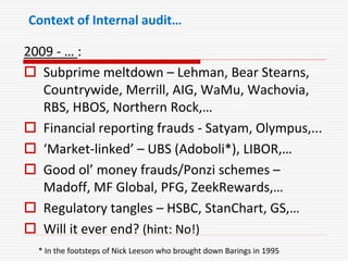 Context of Internal audit…
2009 - … :
 Subprime meltdown – Lehman, Bear Stearns,
Countrywide, Merrill, AIG, WaMu, Wachovia,
RBS, HBOS, Northern Rock,…
 Financial reporting frauds - Satyam, Olympus,...
 ‘Market-linked’ – UBS (Adoboli*), LIBOR,…
 Good ol’ money frauds/Ponzi schemes –
Madoff, MF Global, PFG, ZeekRewards,…
 Regulatory tangles – HSBC, StanChart, GS,…
 Will it ever end? (hint: No!)
* In the footsteps of Nick Leeson who brought down Barings in 1995
 