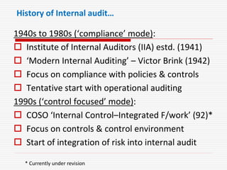 History of Internal audit…
1940s to 1980s (‘compliance’ mode):
 Institute of Internal Auditors (IIA) estd. (1941)
 ‘Modern Internal Auditing’ – Victor Brink (1942)
 Focus on compliance with policies & controls
 Tentative start with operational auditing
1990s (‘control focused’ mode):
 COSO ‘Internal Control–Integrated F/work’ (92)*
 Focus on controls & control environment
 Start of integration of risk into internal audit
* Currently under revision
 