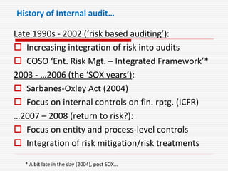 History of Internal audit…
Late 1990s - 2002 (‘risk based auditing’):
 Increasing integration of risk into audits
 COSO ‘Ent. Risk Mgt. – Integrated Framework’*
2003 - …2006 (the ‘SOX years’):
 Sarbanes-Oxley Act (2004)
 Focus on internal controls on fin. rptg. (ICFR)
…2007 – 2008 (return to risk?):
 Focus on entity and process-level controls
 Integration of risk mitigation/risk treatments
* A bit late in the day (2004), post SOX…
 