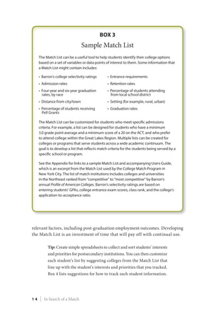 relevant factors, including post-graduation employment outcomes. Developing
the Match List is an investment of time that will pay off with continual use.
Tip: Create simple spreadsheets to collect and sort students’ interests
and priorities for postsecondary institutions. You can then customize
each student’s list by suggesting colleges from the Match List that
line up with the student’s interests and priorities that you tracked.
Box 4 lists suggestions for how to track such student information.
1 4 | In Search of a Match
 