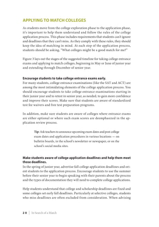 Applying to Match Colleges
As students move from the college exploration phase to the application phase,
it’s important to help them understand and follow the rules of the college
application process. This phase includes requirements that students can’t ignore
and deadlines that they can’t miss. As they comply with these rules, they should
keep the idea of matching in mind. At each step of the application process,
students should be asking, “What colleges might be a good match for me?”
Figure 3 lays out the stages of the suggested timeline for taking college entrance
exams and applying to match colleges, beginning in May or June of junior year
and extending through December of senior year.
Encourage students to take college entrance exams early.
For many students, college entrance examinations (like the SAT and ACT) are
among the most intimidating elements of the college application process. You
should encourage students to take college entrance examinations starting in
their junior year and to retest in senior year, as needed, to gain more confidence
and improve their scores. Make sure that students are aware of standardized
test fee waivers and free test preparation programs.
In addition, make sure students are aware of colleges where entrance exams
are either optional or where such exam scores are deemphasized in the ap-
plication review process.
Tip: Ask teachers to announce upcoming exam dates and post college
exam dates and application procedures in various locations — on
bulletin boards, in the school’s newsletter or newspaper, or on the
school’s social media sites.
Make students aware of college application deadlines and help them meet
those deadlines.
In the spring of junior year, advertise fall college application deadlines and ori-
ent students to the application process. Encourage students to use the summer
before their senior year to begin speaking with their parents about the process
and the types of documentation they will need to complete college applications.
Help students understand that college and scholarship deadlines are fixed and
some colleges set early fall deadlines. Particularly at selective colleges, students
who miss deadlines are often excluded from consideration. When advising
2 0 | In Search of a Match
 