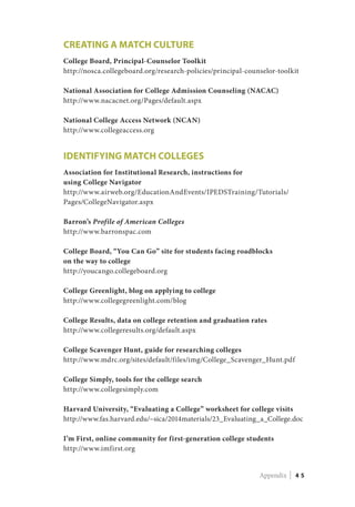 Creating a Match Culture
College Board, Principal-Counselor Toolkit
http://nosca.collegeboard.org/research-policies/principal-counselor-toolkit
National Association for College Admission Counseling (NACAC)
http://www.nacacnet.org/Pages/default.aspx
National College Access Network (NCAN)
http://www.collegeaccess.org
Identifying Match Colleges
Association for Institutional Research, instructions for
using College Navigator
http://www.airweb.org/EducationAndEvents/IPEDSTraining/Tutorials/
Pages/CollegeNavigator.aspx
Barron’s Profile of American Colleges
http://www.barronspac.com
College Board, “You Can Go” site for students facing roadblocks
on the way to college
http://youcango.collegeboard.org
College Greenlight, blog on applying to college
http://www.collegegreenlight.com/blog
College Results, data on college retention and graduation rates
http://www.collegeresults.org/default.aspx
College Scavenger Hunt, guide for researching colleges
http://www.mdrc.org/sites/default/files/img/College_Scavenger_Hunt.pdf
College Simply, tools for the college search
http://www.collegesimply.com
Harvard University, “Evaluating a College” worksheet for college visits
http://www.fas.harvard.edu/~sica/2014materials/23_Evaluating_a_College.doc
I’m First, online community for first-generation college students
http://www.imfirst.org
Appendix | 4 5
 